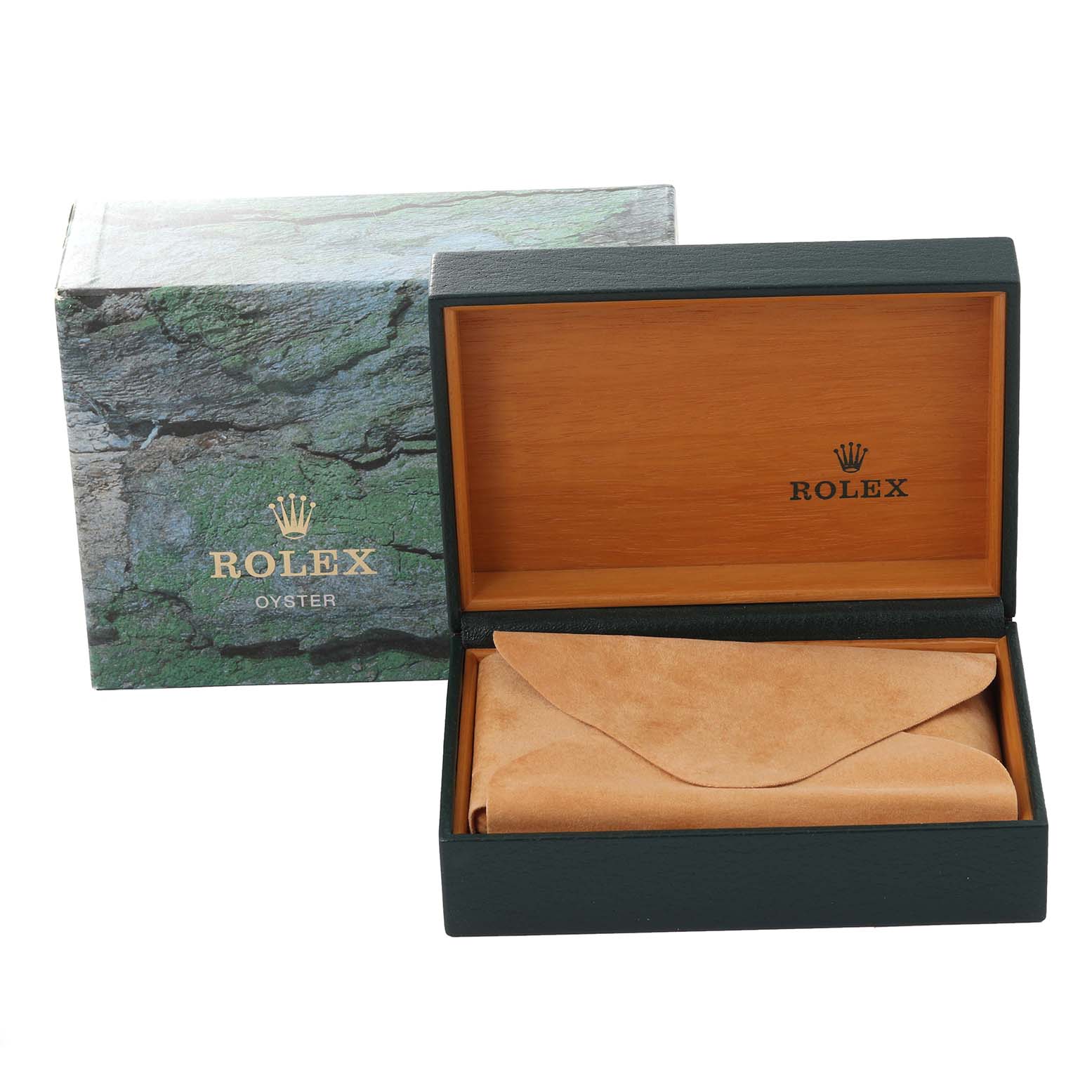 This image shows an open green Rolex Datejust 16233 Men
s Steel and Gold (two tone) Silver Dial 16233 Men
s Steel and Gold (two tone) Silver Dial watch box with a suede pouch inside and its outer packaging.