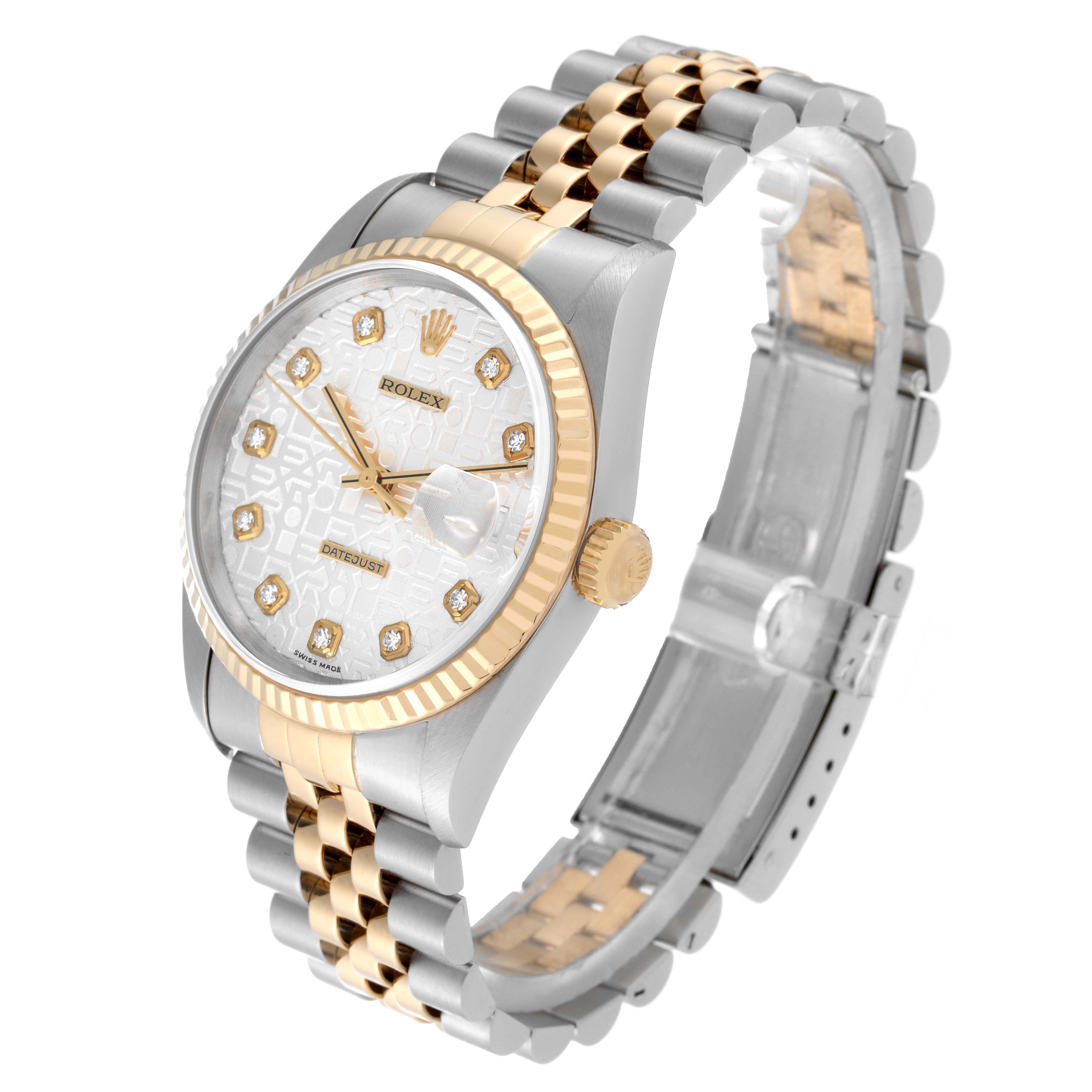 The image shows a side angle of a Rolex Datejust 16233 Men
s Steel and Gold (two tone) Silver Dial 16233 Men
s Steel and Gold (two tone) Silver Dial watch, highlighting its dial, bezel, crown, and two-tone bracelet.