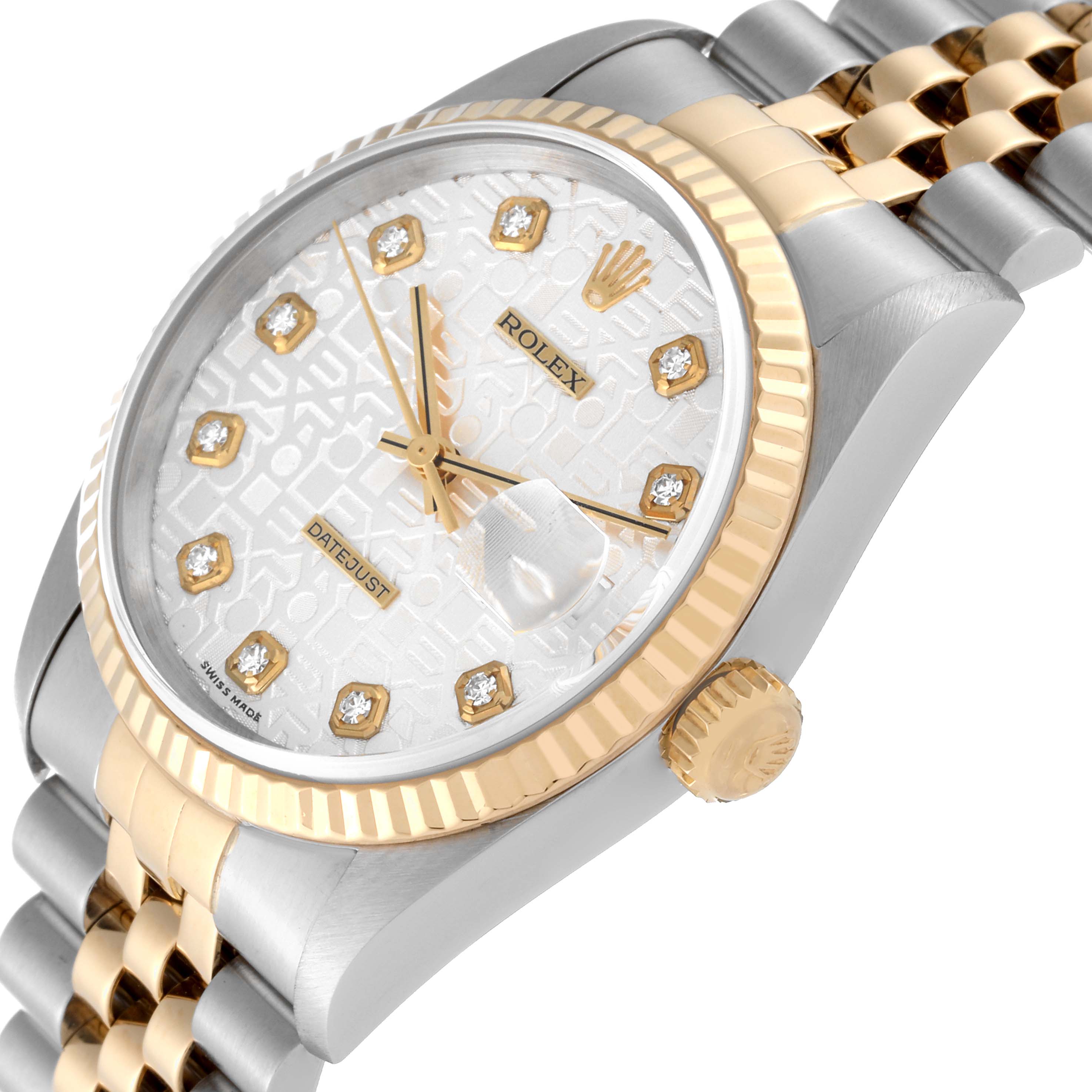 The image shows a close-up of the Rolex Datejust 16233 Men
s Steel and Gold (two tone) Silver Dial 16233 Men
s Steel and Gold (two tone) Silver Dial watch from a diagonal angle, highlighting the dial, bezel, and bracelet.