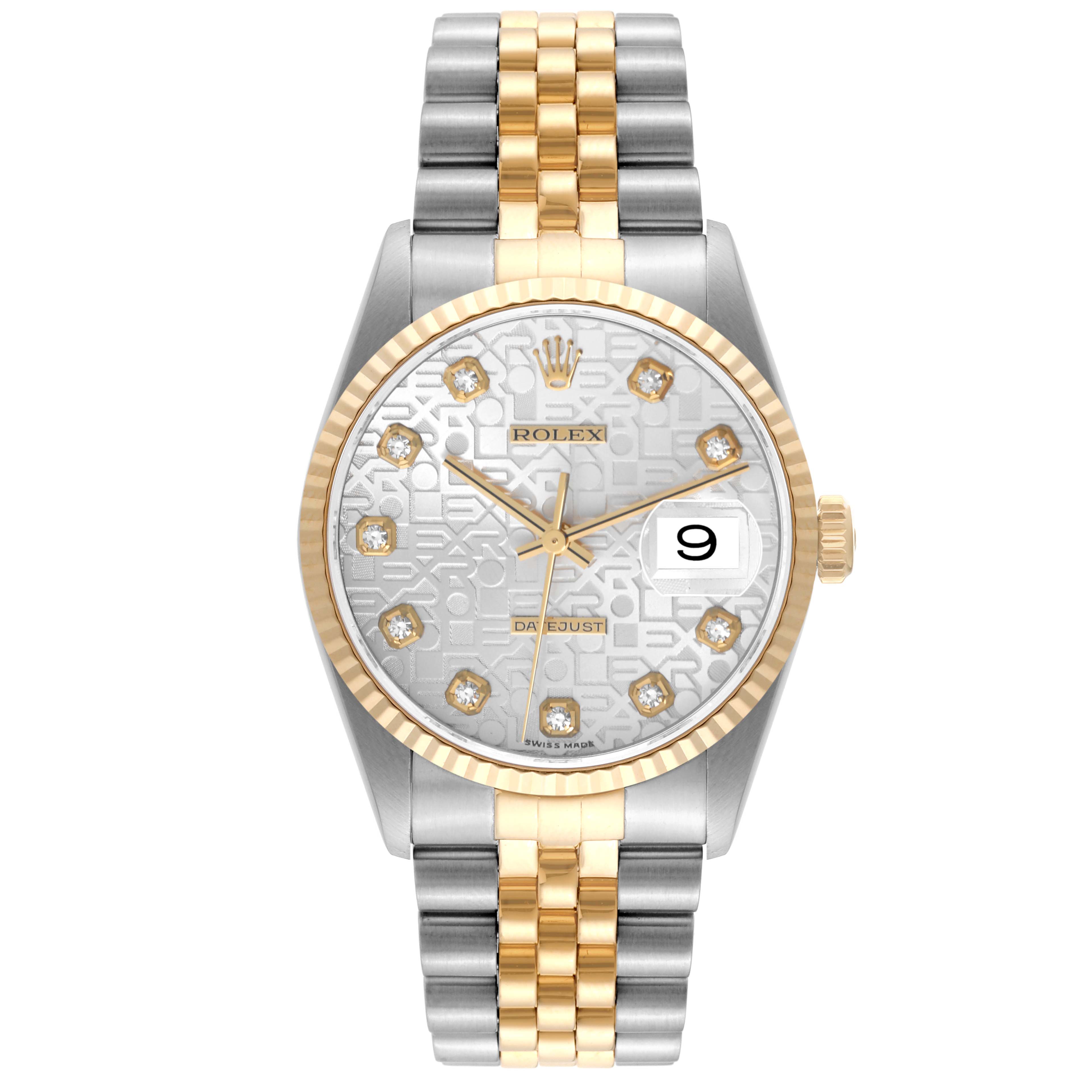 This Rolex Datejust 16233 Men
s Steel and Gold (two tone) Silver Dial 16233 Men
s Steel and Gold (two tone) Silver Dial watch is shown from a front angle, displaying its dial, bezel, crown, and two-tone bracelet.