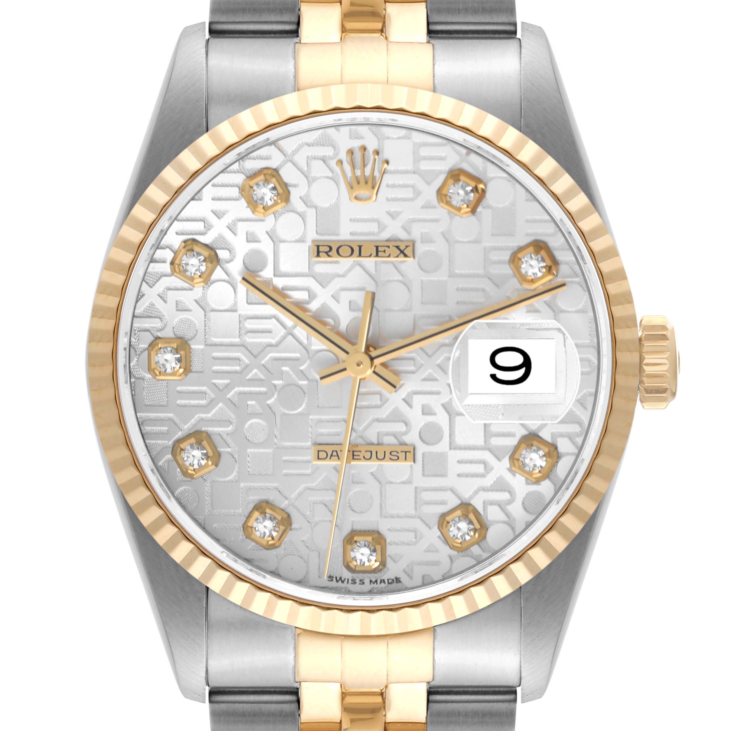 This image shows the face of a Rolex Datejust 16233 Men
s Steel and Gold (two tone) Silver Dial 16233 Men
s Steel and Gold (two tone) Silver Dial watch, highlighting its dial, date window, and part of the bracelet.