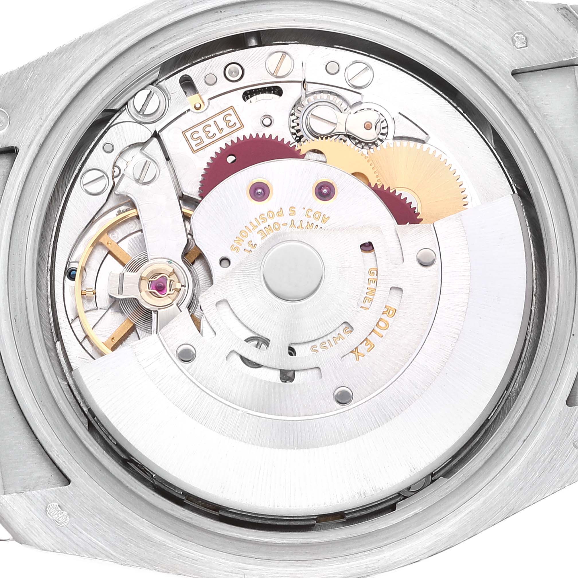 This image shows the internal mechanism and movement of a Rolex Datejust 116189 Men's White Gold Mother of Pearl Dial 116189 Men's White Gold Mother of Pearl Dial watch from a back case angle.