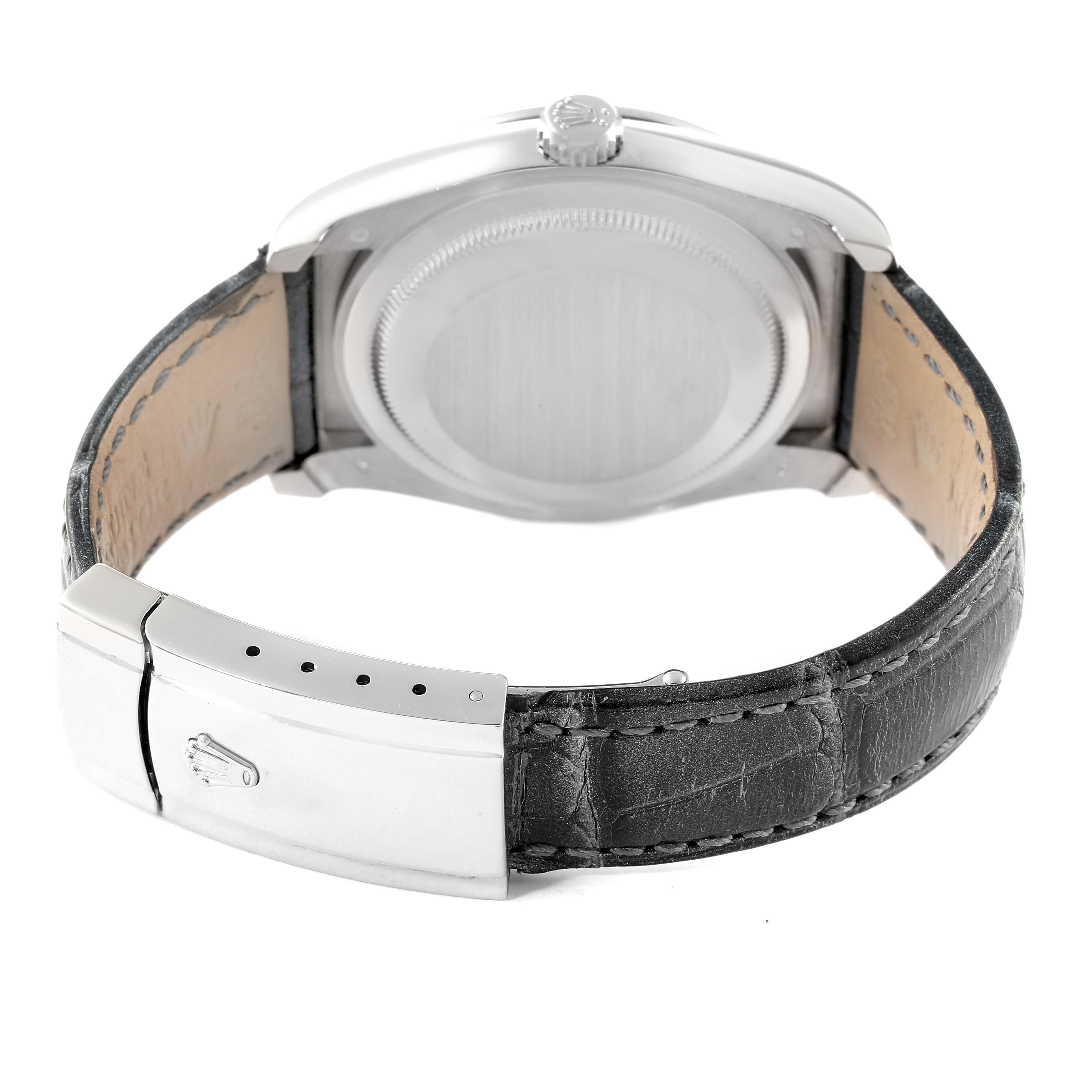 This image shows the back case and leather strap of a Rolex Datejust 116189 Men's White Gold Mother of Pearl Dial 116189 Men's White Gold Mother of Pearl Dial watch, showcasing the clasp and crown.