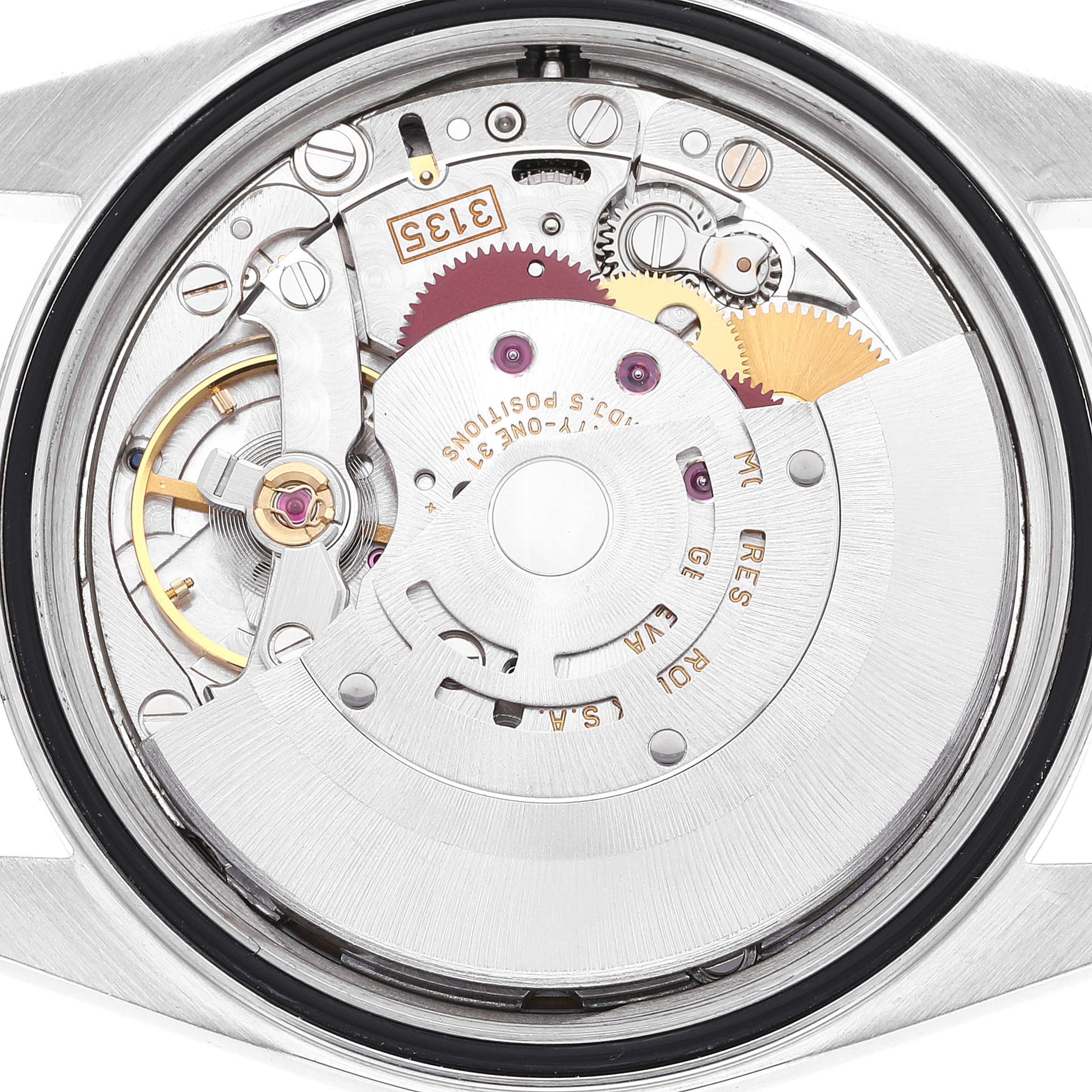 The image shows the internal movement mechanism of a Rolex Datejust 16220 Men's Stainless Steel White Dial 16220 Men's Stainless Steel White Dial watch from a rear view.