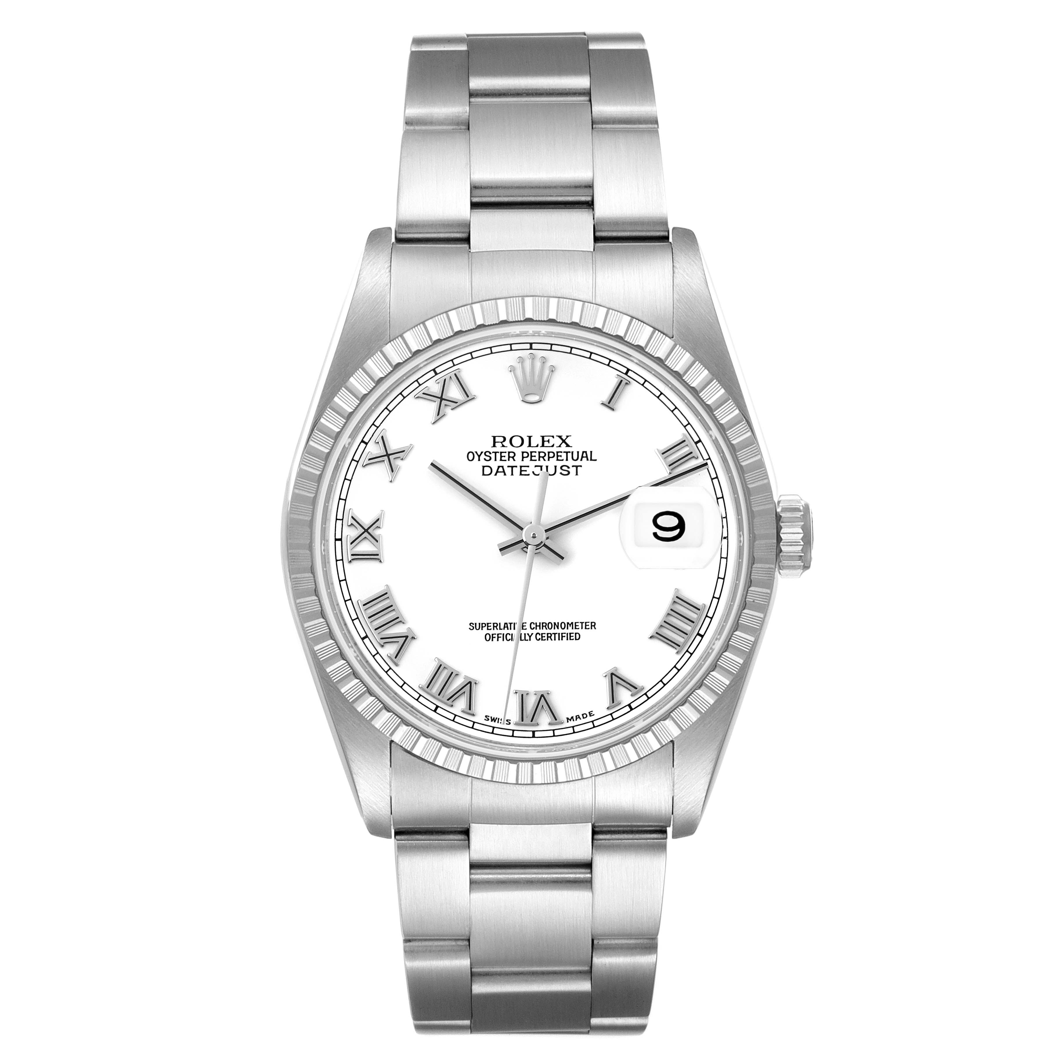 The image shows a Rolex Datejust 16220 Men's Stainless Steel White Dial 16220 Men's Stainless Steel White Dial watch in a straight-on view, displaying its white dial, Roman numeral markers, and steel bracelet.