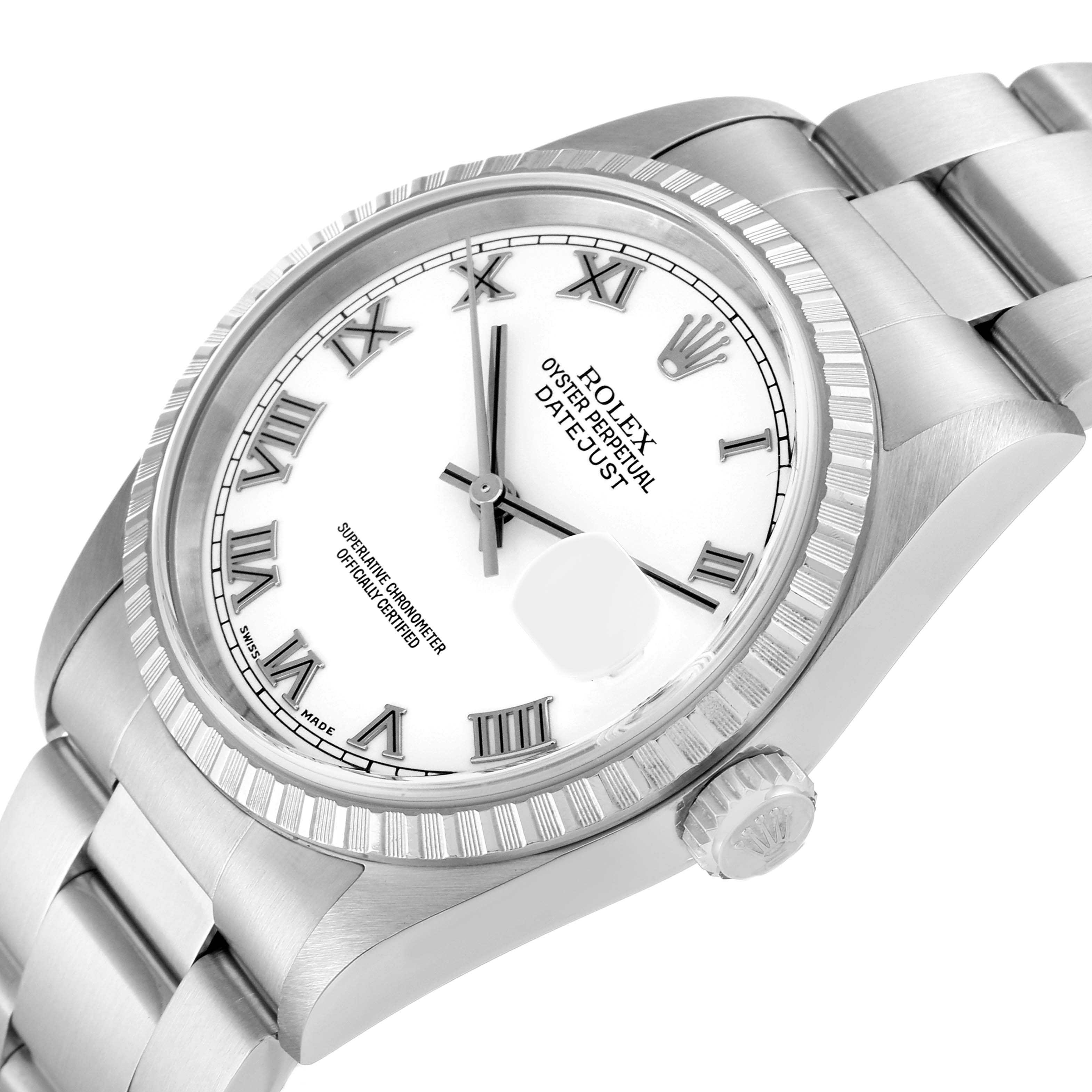 This image shows a close-up angle of a Rolex Datejust 16220 Men's Stainless Steel White Dial 16220 Men's Stainless Steel White Dial watch, highlighting the face, bezel, crown, and part of the bracelet.