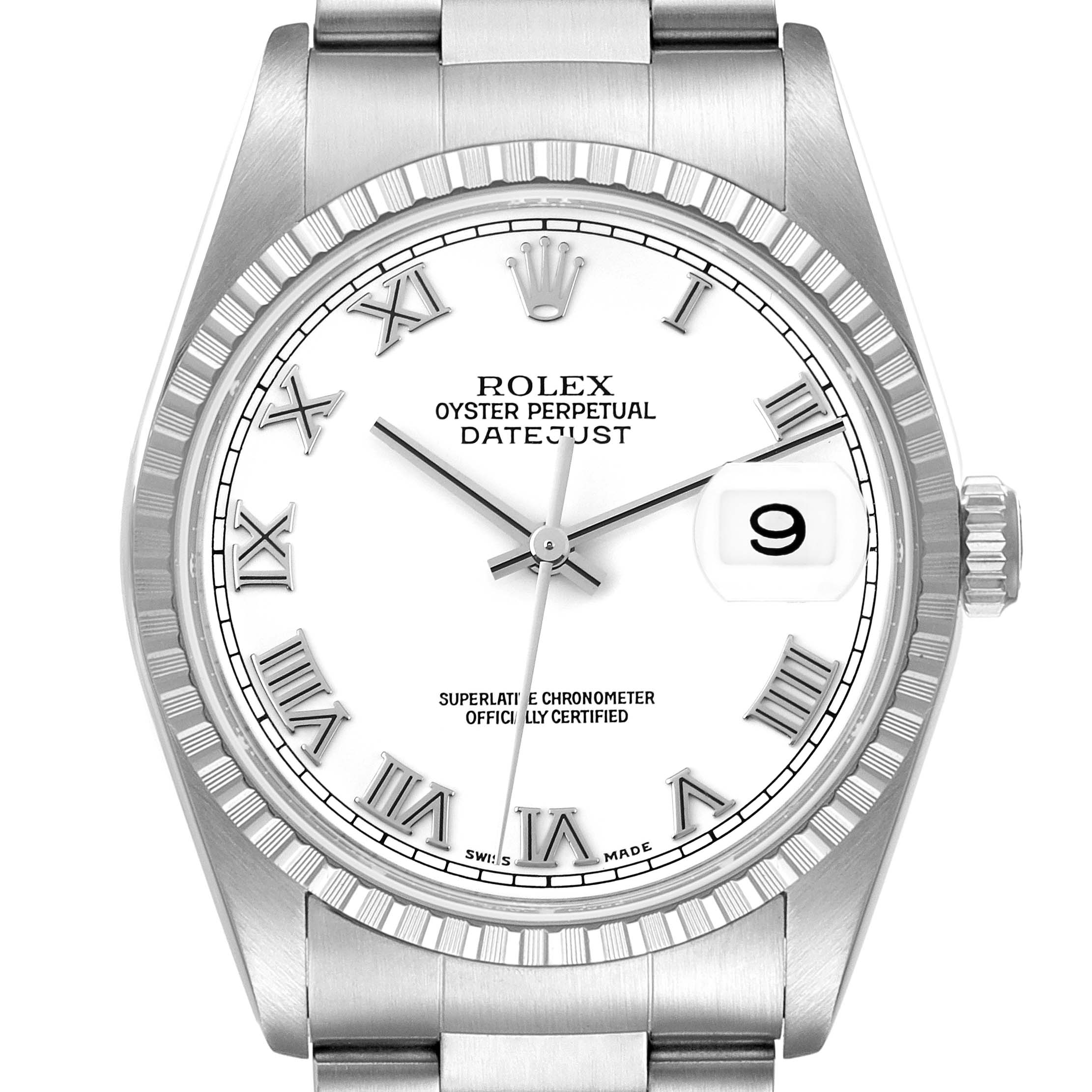 The image shows a front view of a Rolex Datejust 16220 Men's Stainless Steel White Dial 16220 Men's Stainless Steel White Dial watch, highlighting its bezel, dial, and date window.