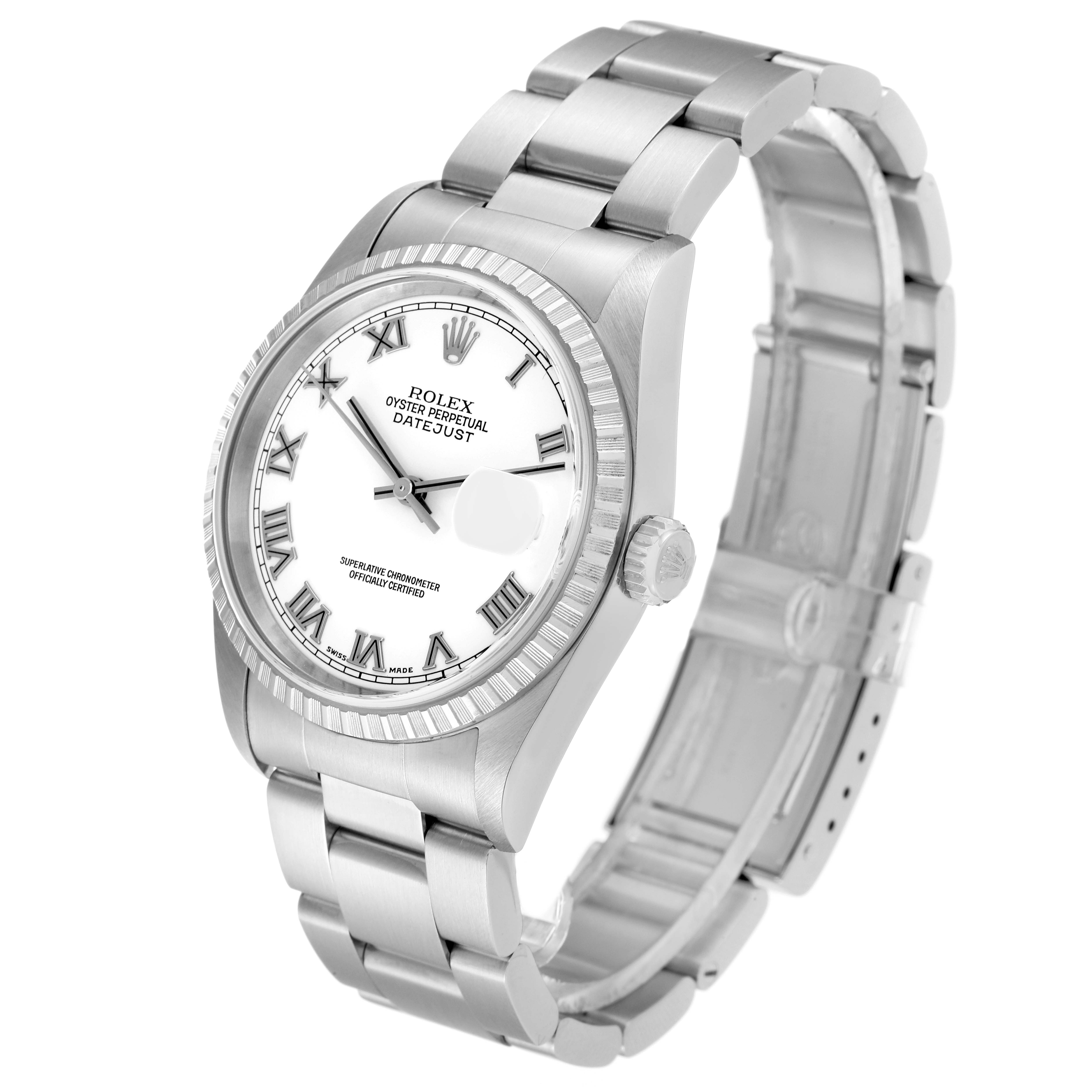 The image shows a Rolex Datejust 16220 Men's Stainless Steel White Dial 16220 Men's Stainless Steel White Dial watch from a side angle, highlighting the face, bezel, crown, and bracelet.