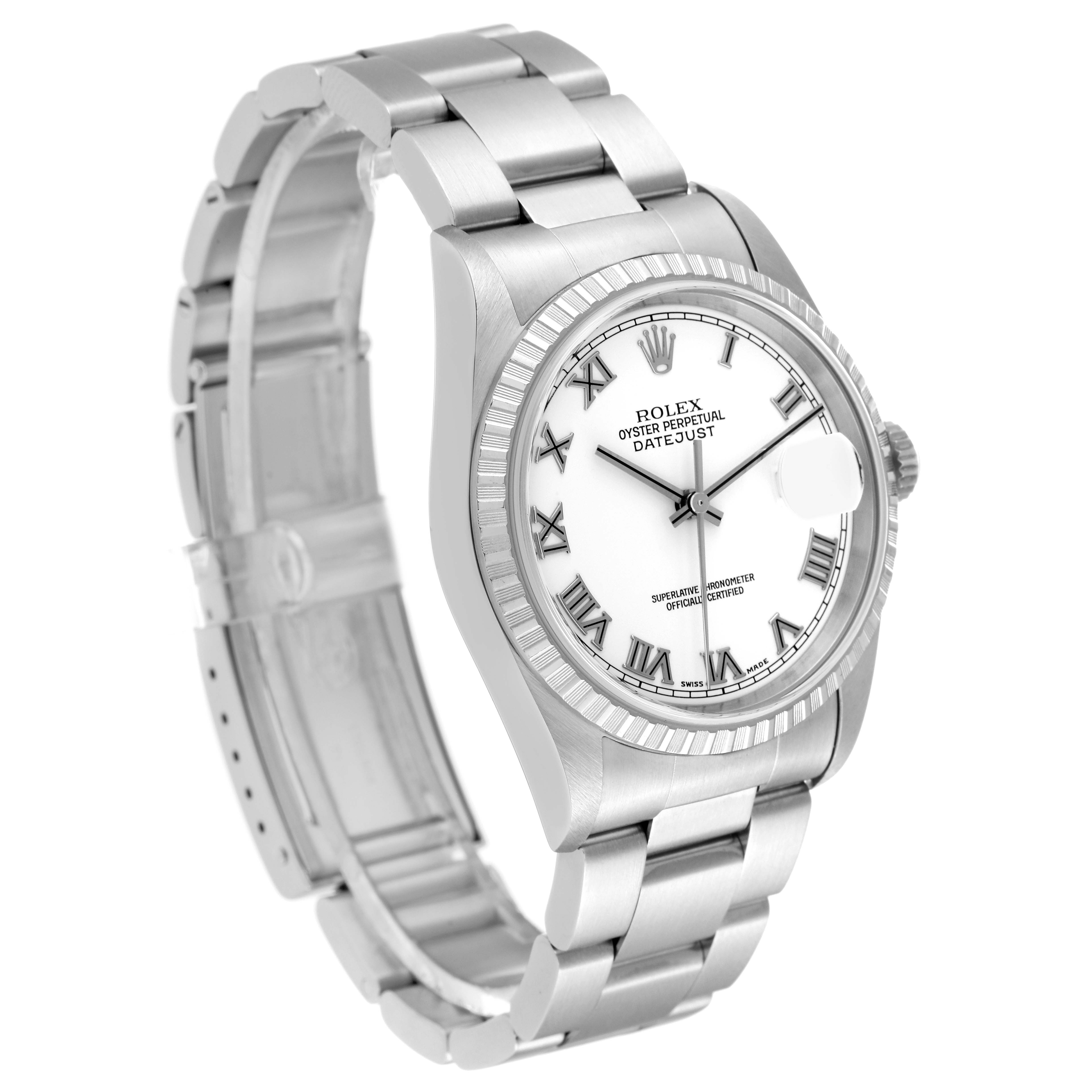 The image shows a side-front angle of the Rolex Datejust 16220 Men's Stainless Steel White Dial 16220 Men's Stainless Steel White Dial watch, displaying its dial, bracelet, and partially opened clasp.