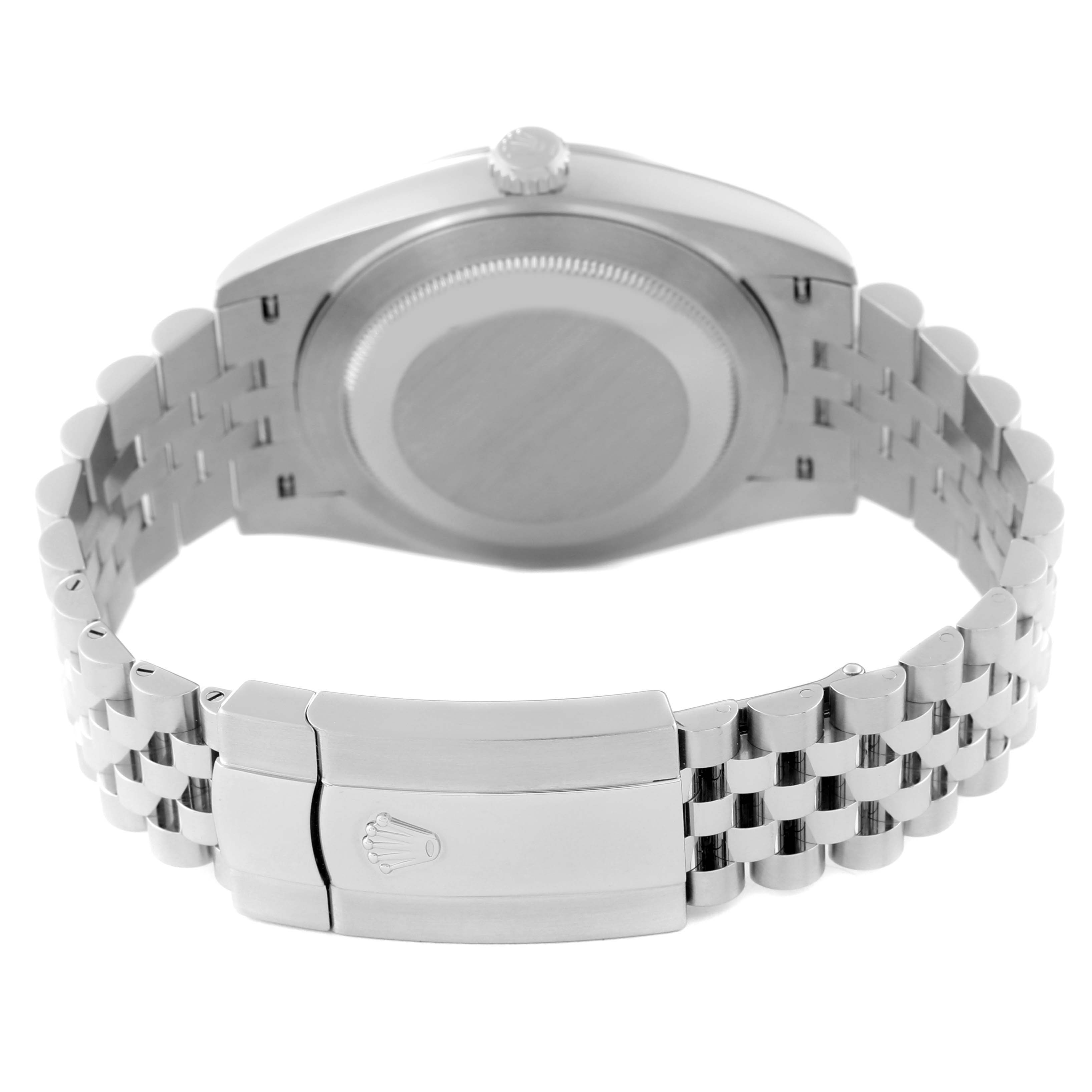 This image shows the back of a Rolex Datejust 41 126300 Men
s Stainless Steel Blue Dial 126300 Men
s Stainless Steel Blue Dial with its case, crown, and bracelet clasp.