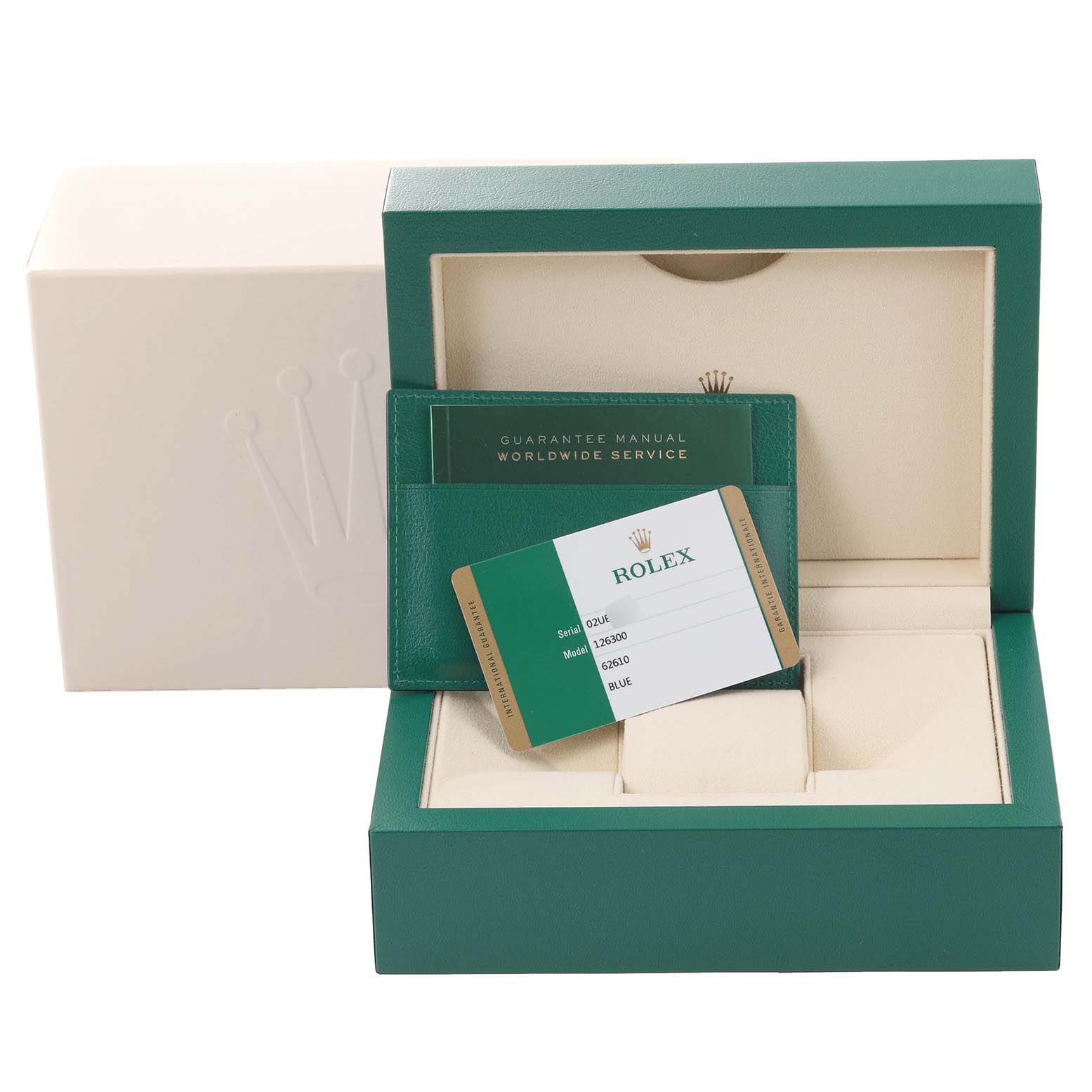 The image shows a Rolex Datejust 41 126300 Men
s Stainless Steel Blue Dial 126300 Men
s Stainless Steel Blue Dial box and warranty card with a guarantee manual, displayed from the front.