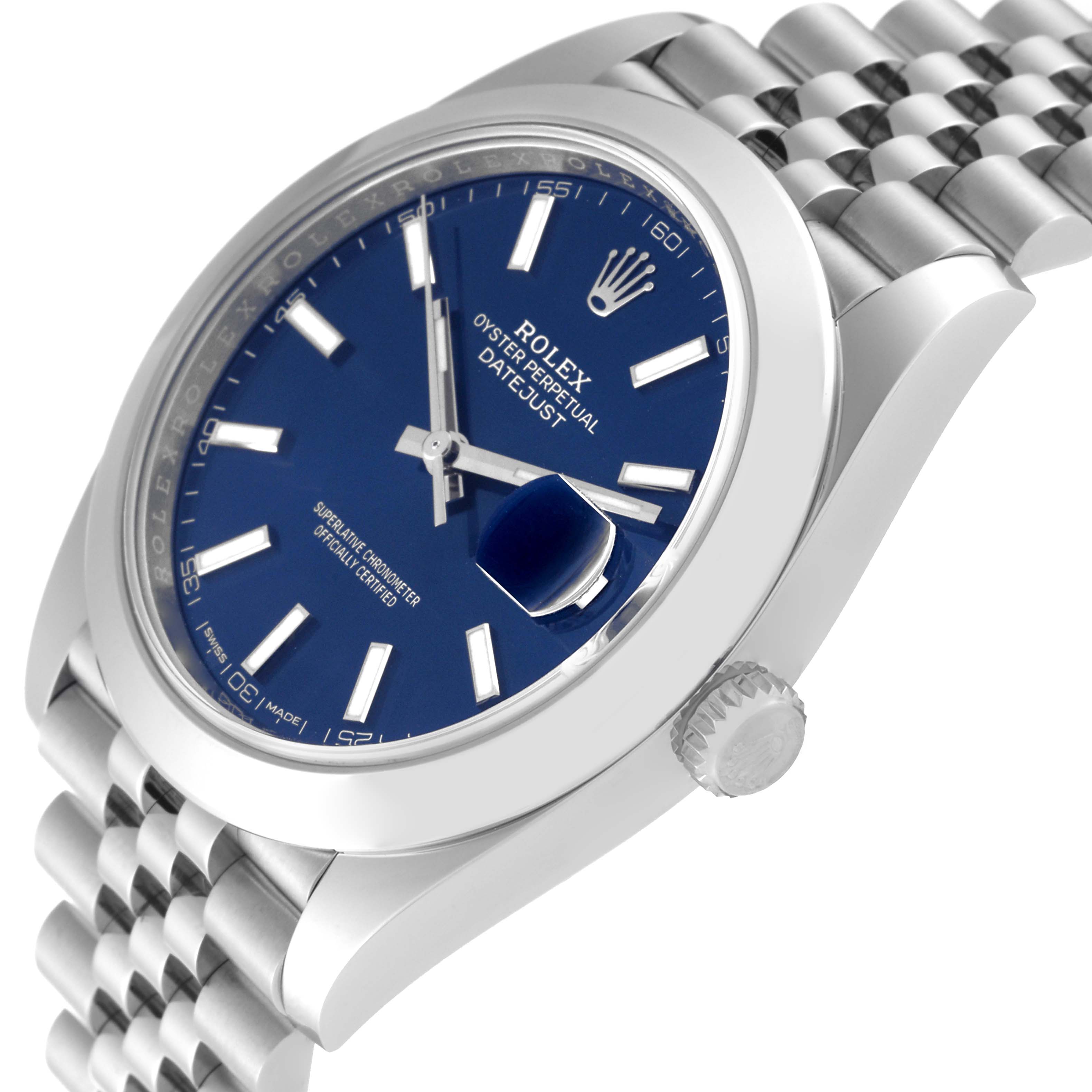 The image shows the Rolex Datejust 41 126300 Men
s Stainless Steel Blue Dial 126300 Men
s Stainless Steel Blue Dial watch from an angled side view, highlighting the dial, crown, and part of the bracelet.