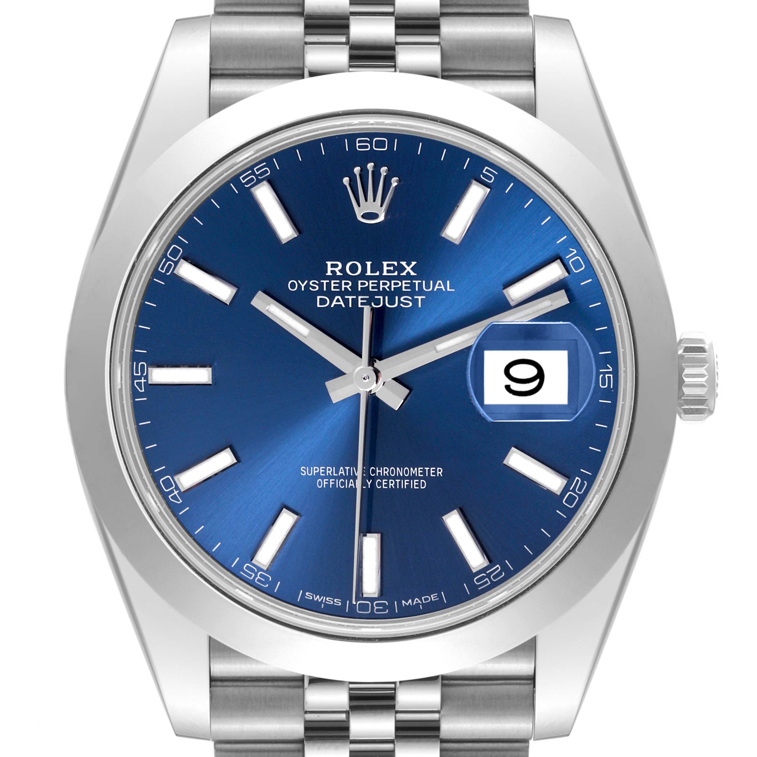 This image shows a front view of a Rolex Datejust 41 126300 Men
s Stainless Steel Blue Dial 126300 Men
s Stainless Steel Blue Dial watch with a blue dial and date display.