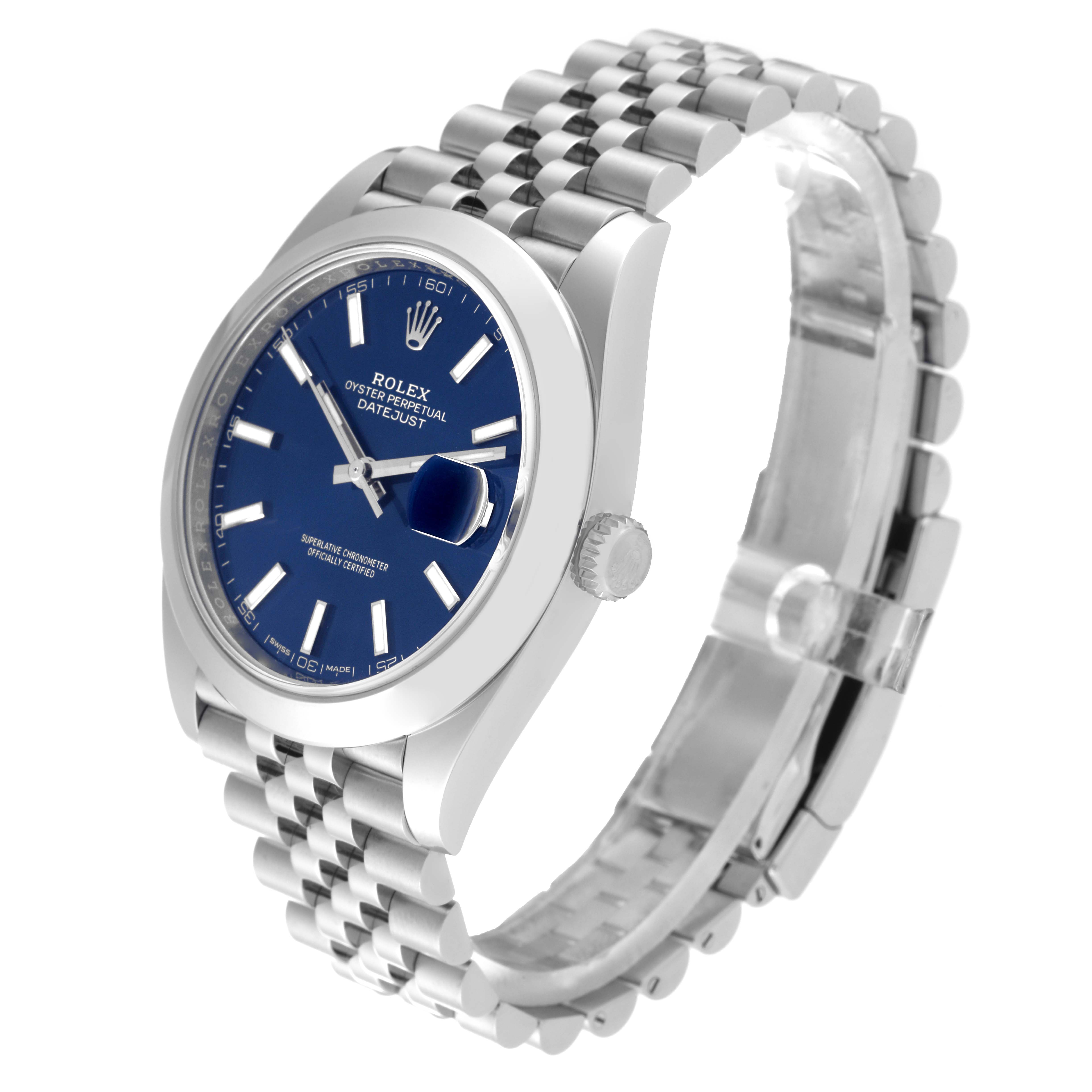 The image shows a Rolex Datejust 41 126300 Men
s Stainless Steel Blue Dial 126300 Men
s Stainless Steel Blue Dial watch with a blue dial, Jubilee bracelet, and side view, highlighting the crown and part of the bracelet.