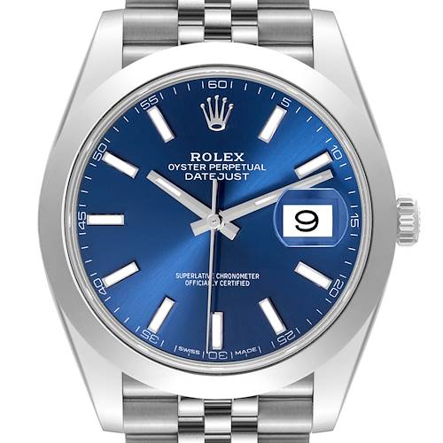 The image shows a close-up, frontal view of the Rolex Datejust 41 watch with a blue dial and silver bracelet.