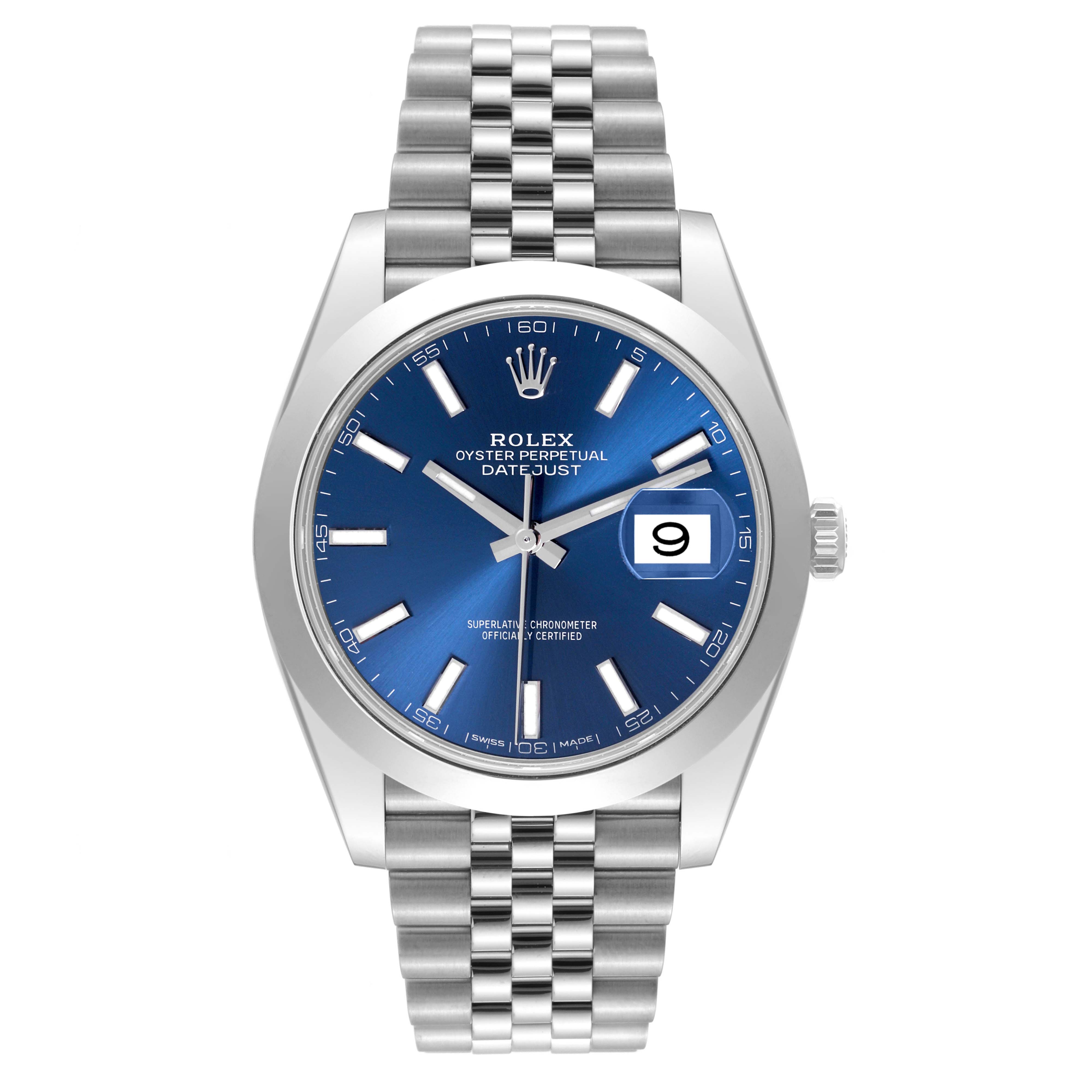 The Rolex Datejust 41 126300 Men
s Stainless Steel Blue Dial 126300 Men
s Stainless Steel Blue Dial watch is shown from the front, displaying its blue dial, date window, and Jubilee bracelet.