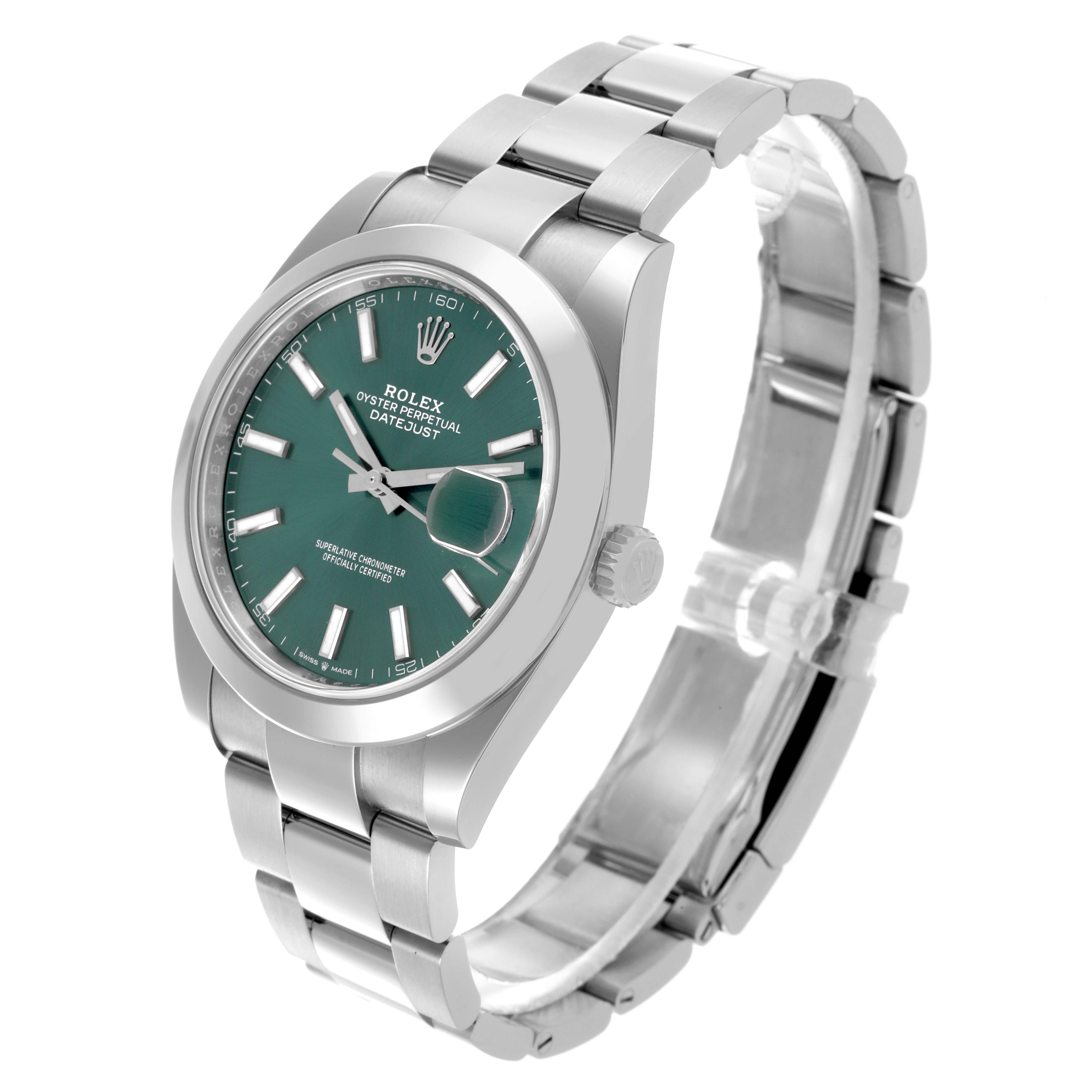 The Rolex Datejust 41 126300 Men's Stainless Steel Green Dial is shown from an angled top view, displaying the dial, bezel, crown, and the full bracelet.