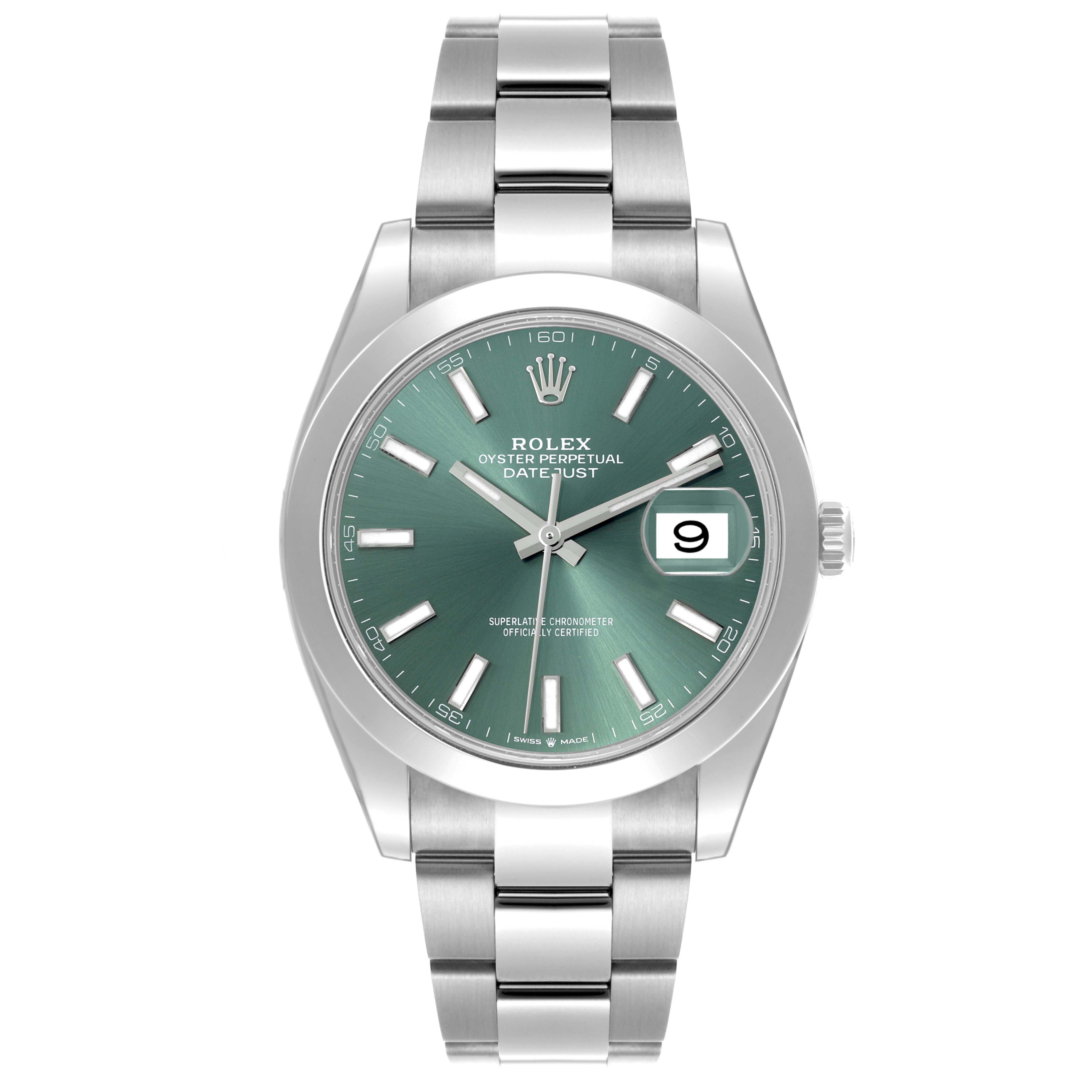 This Rolex Datejust 41 126300 Men's Stainless Steel Green Dial watch is shown from a front angle, displaying the dial, bracelet, and date window.