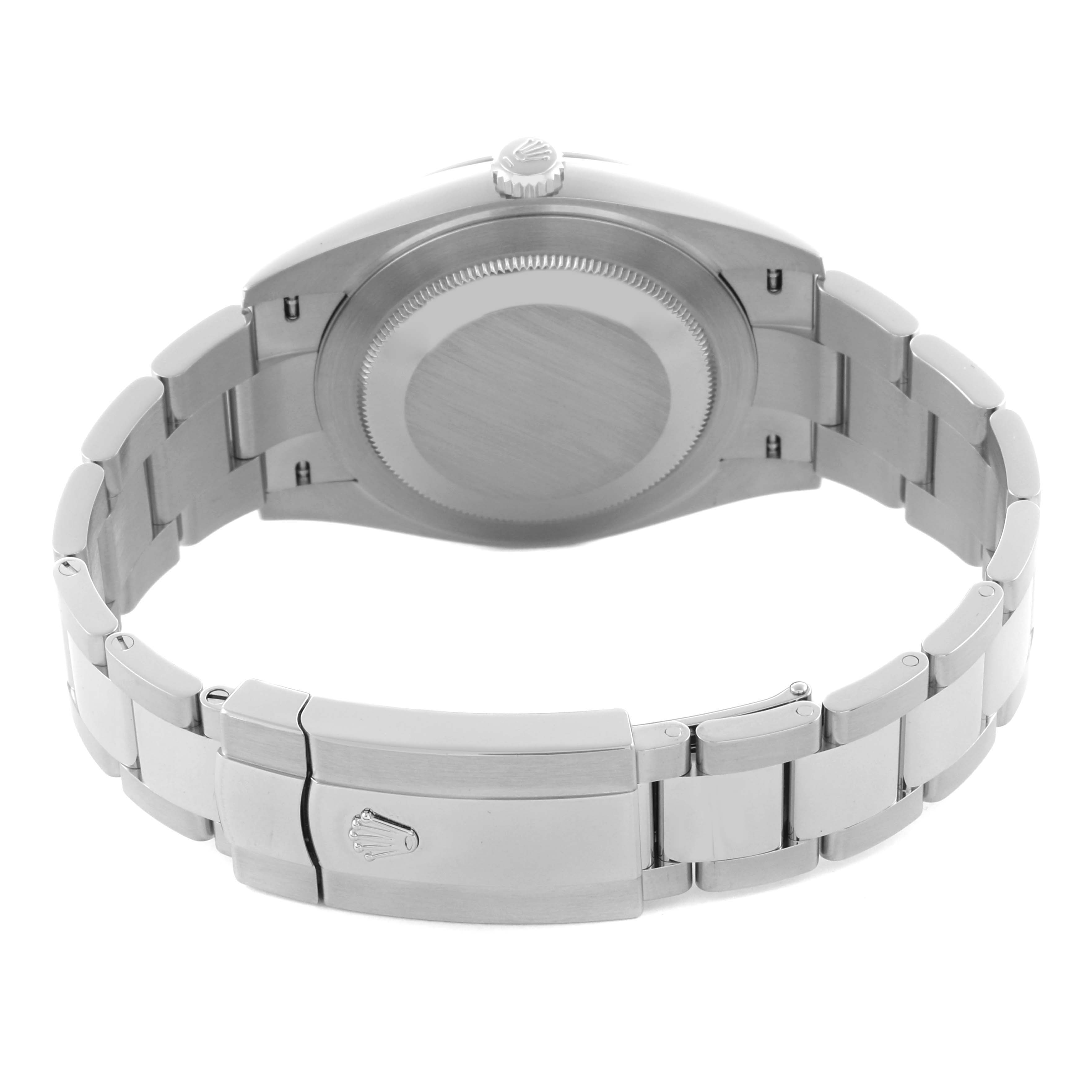 The image shows the back view of a Rolex Datejust 41 126300 Men's Stainless Steel Green Dial, highlighting the case back and the bracelet with the clasp open.