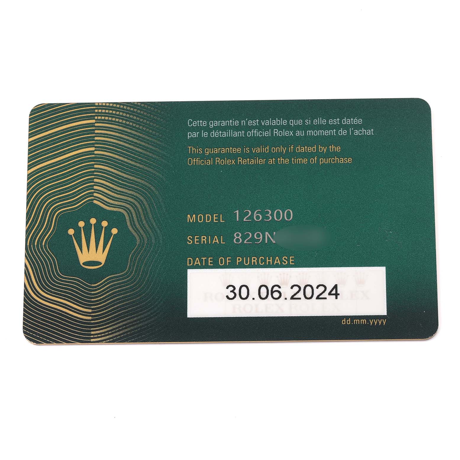 The image shows a warranty card for a Rolex Datejust 41 126300 Men's Stainless Steel Green Dial model, featuring model and serial numbers.