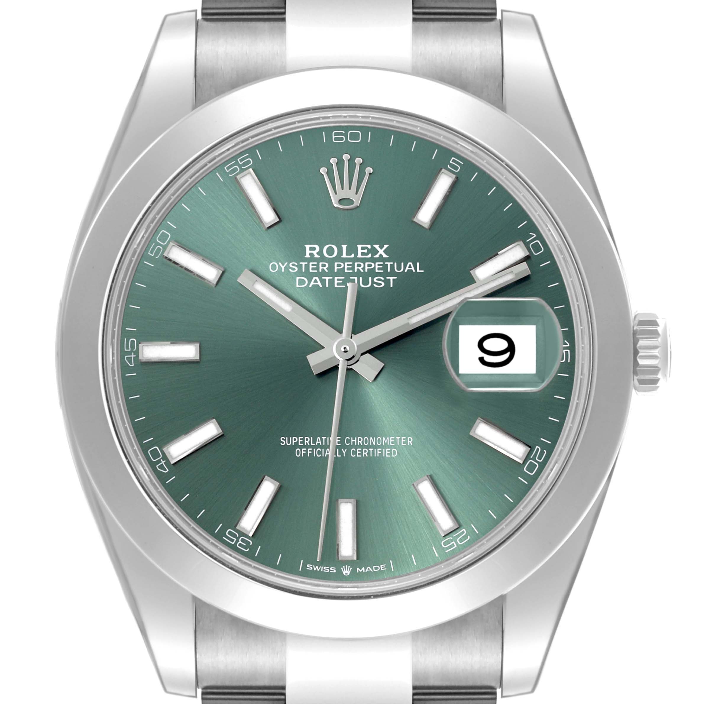 The Rolex Datejust 41 126300 Men's Stainless Steel Green Dial is shown from a frontal angle, highlighting the green dial, hands, markers, bezel, and date window.