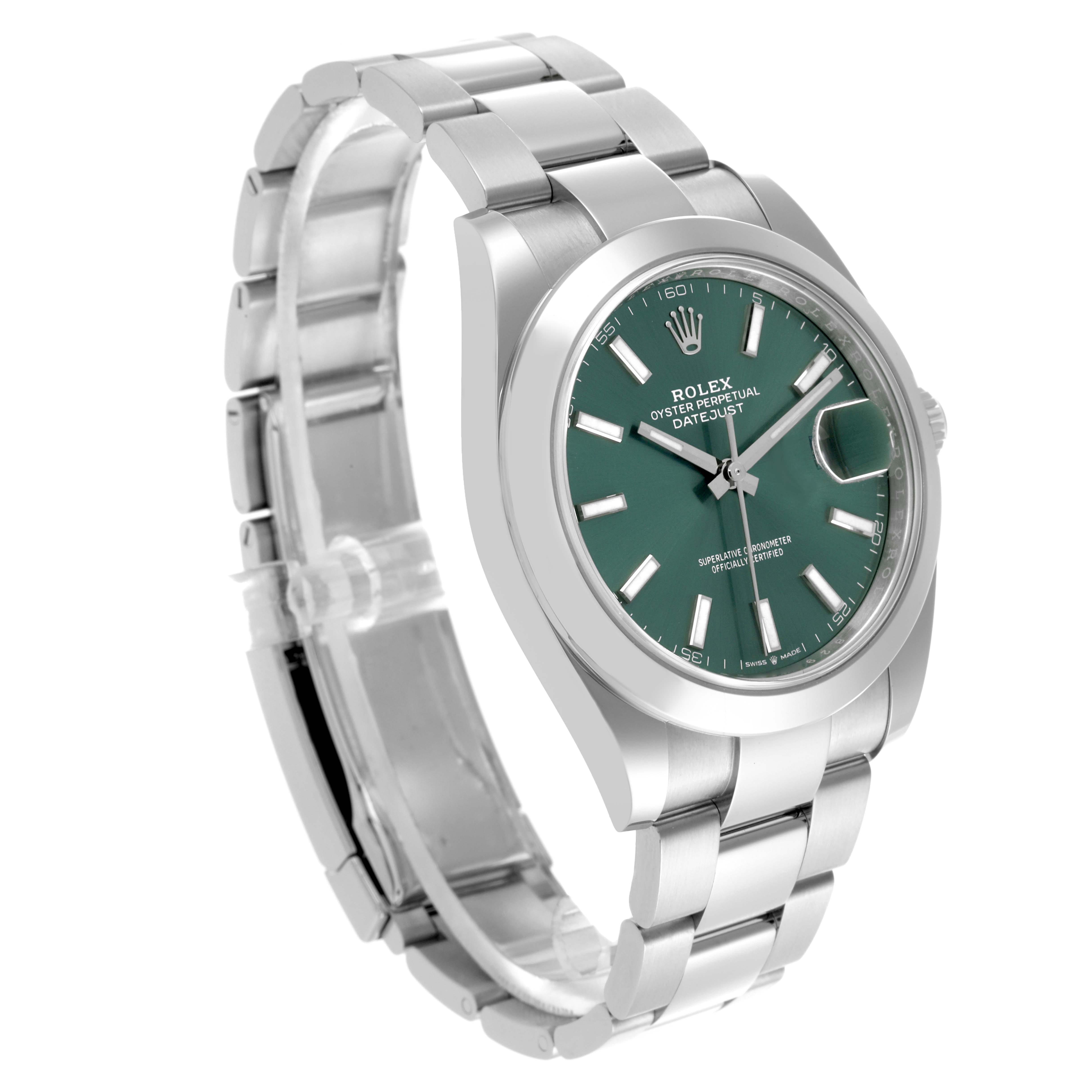 The Rolex Datejust 41 126300 Men's Stainless Steel Green Dial is shown at a three-quarter angle, displaying the dial, bezel, and bracelet.