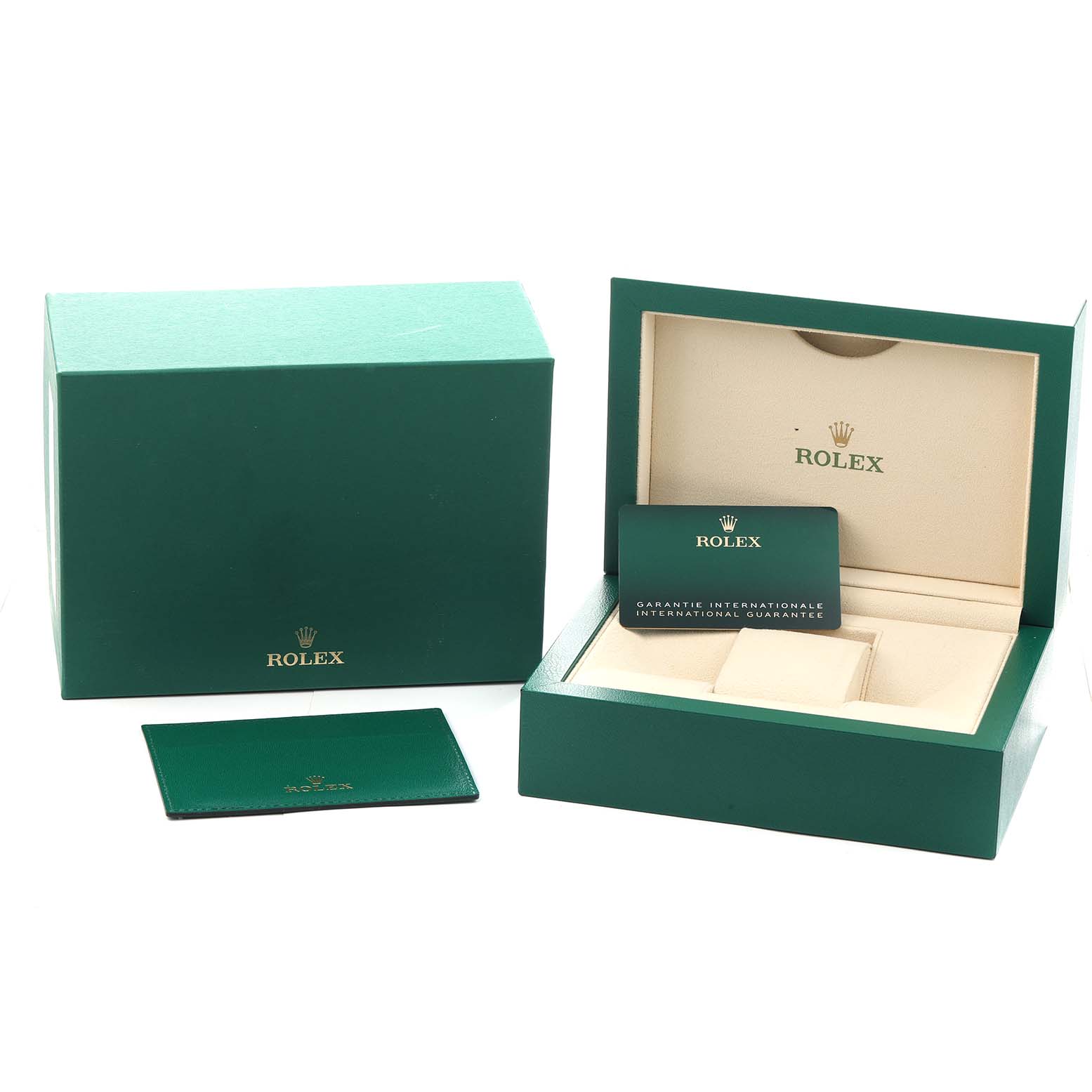 The image shows the Rolex Datejust 41 126300 Men's Stainless Steel Green Dial packaging, including the box, warranty card, and card holder, viewed from the front angle.