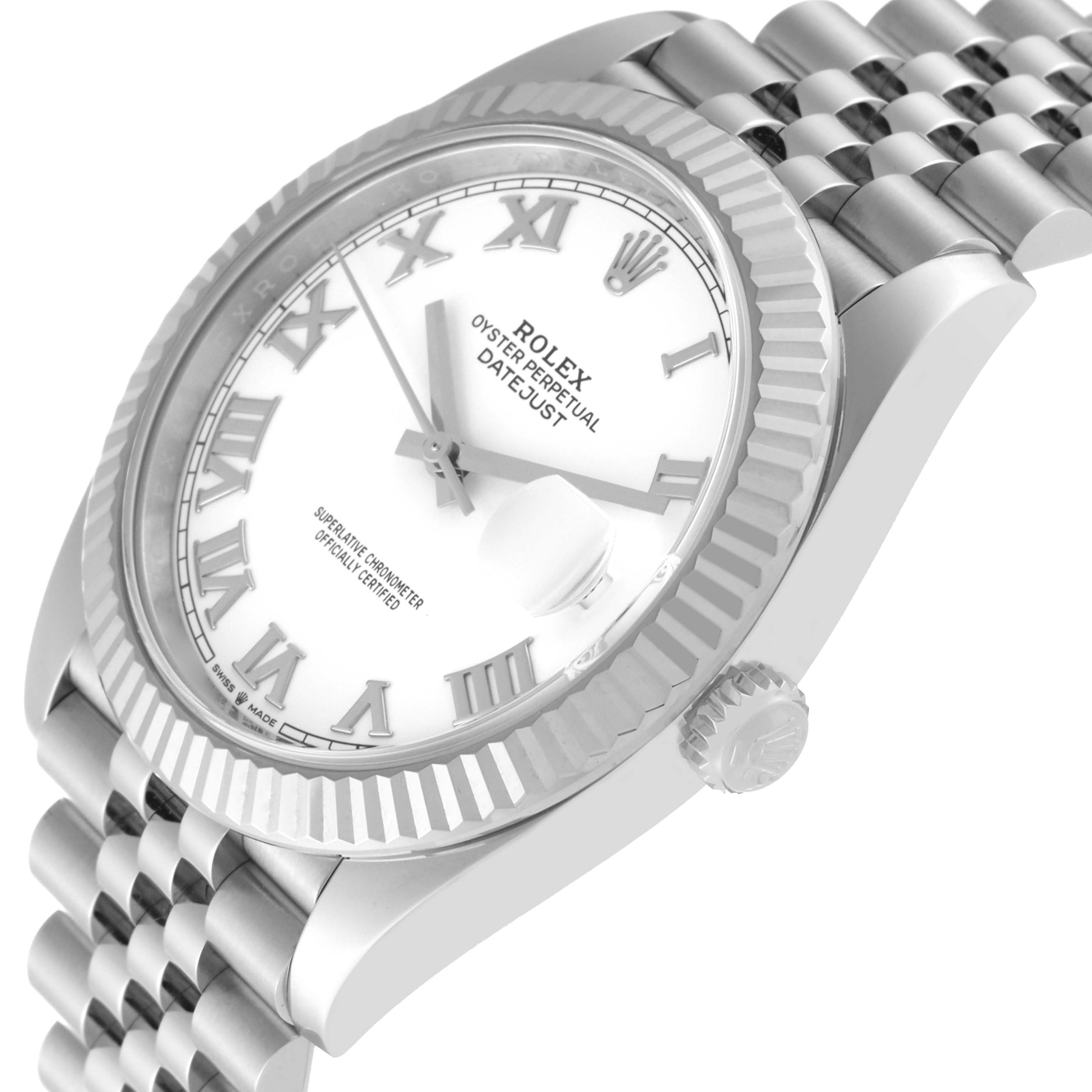 The image shows a close-up angled view of the Rolex Datejust 41 126334 Men's Stainless Steel White Dial 126334 Men's Stainless Steel White Dial watch, highlighting the dial, bezel, crown, and bracelet.