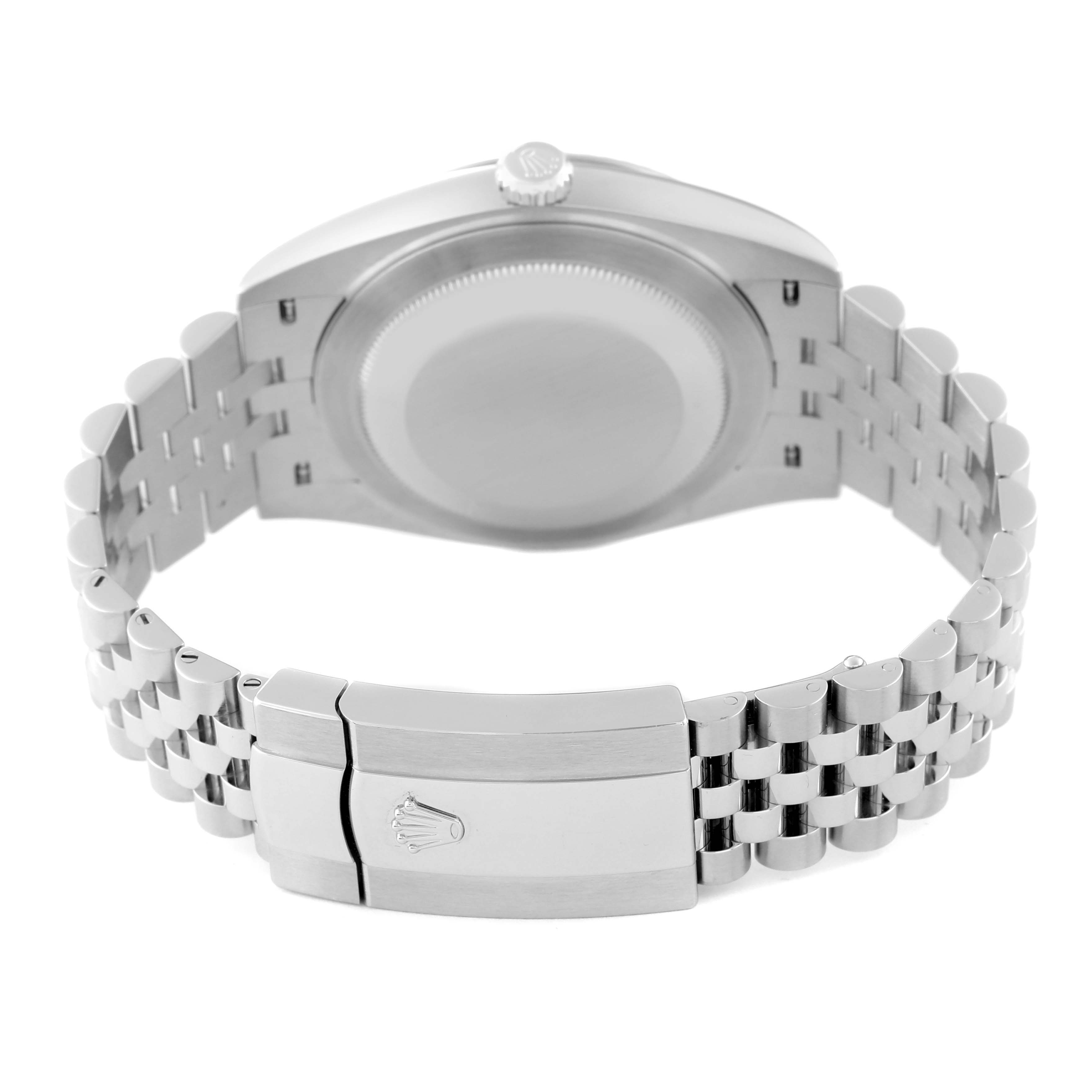 The image shows the back view of a Rolex Datejust 41 126334 Men's Stainless Steel White Dial 126334 Men's Stainless Steel White Dial, focusing on its case back and Jubilee bracelet with the clasp.