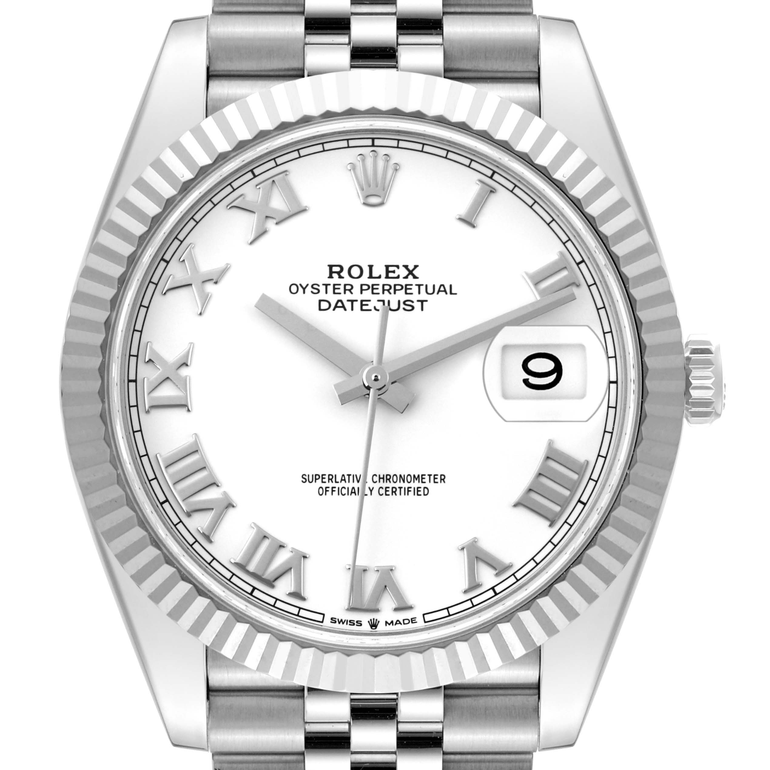 This image shows a front view of the Rolex Datejust 41 126334 Men's Stainless Steel White Dial 126334 Men's Stainless Steel White Dial watch, displaying the dial, bezel, and part of the bracelet.