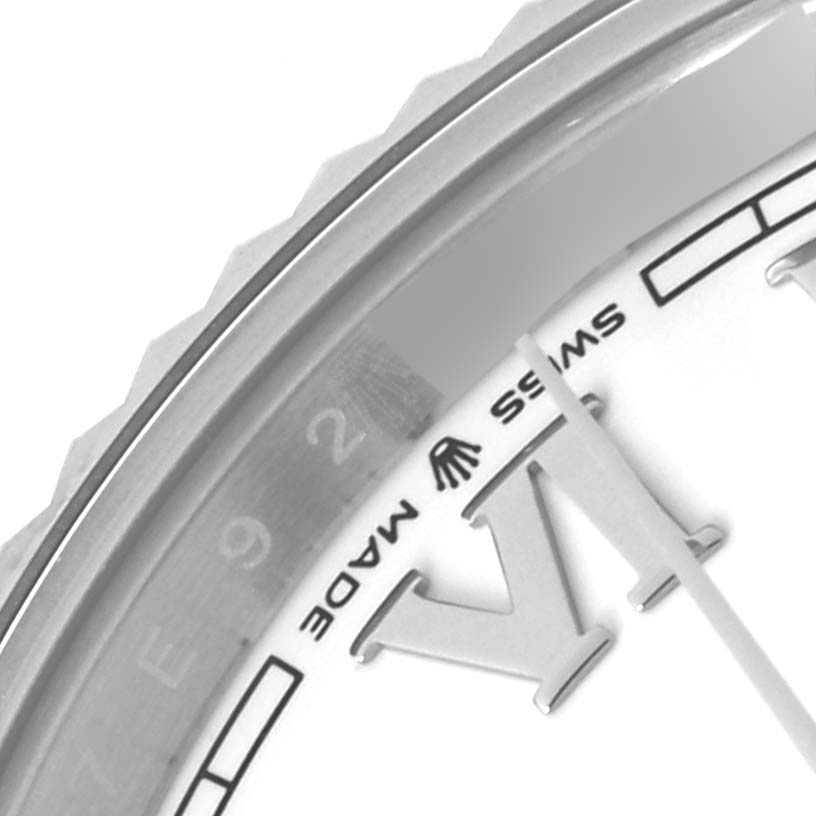 The image shows a close-up of the dial, bezel, and part of the second hand on a Rolex Datejust 41 126334 Men's Stainless Steel White Dial 126334 Men's Stainless Steel White Dial watch.