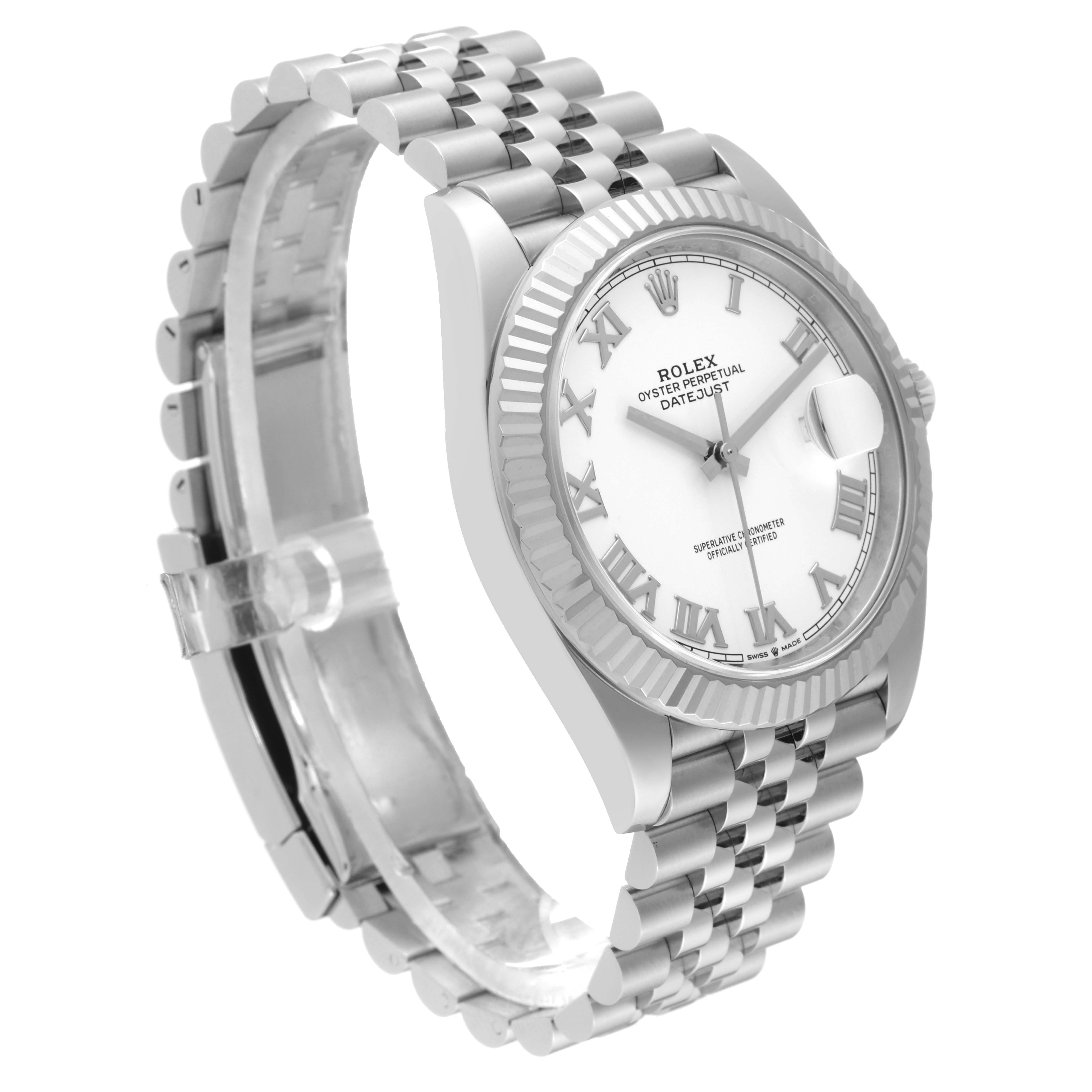 This image shows a side and front view of a Rolex Datejust 41 126334 Men's Stainless Steel White Dial 126334 Men's Stainless Steel White Dial watch, focusing on its face, bezel, and bracelet.