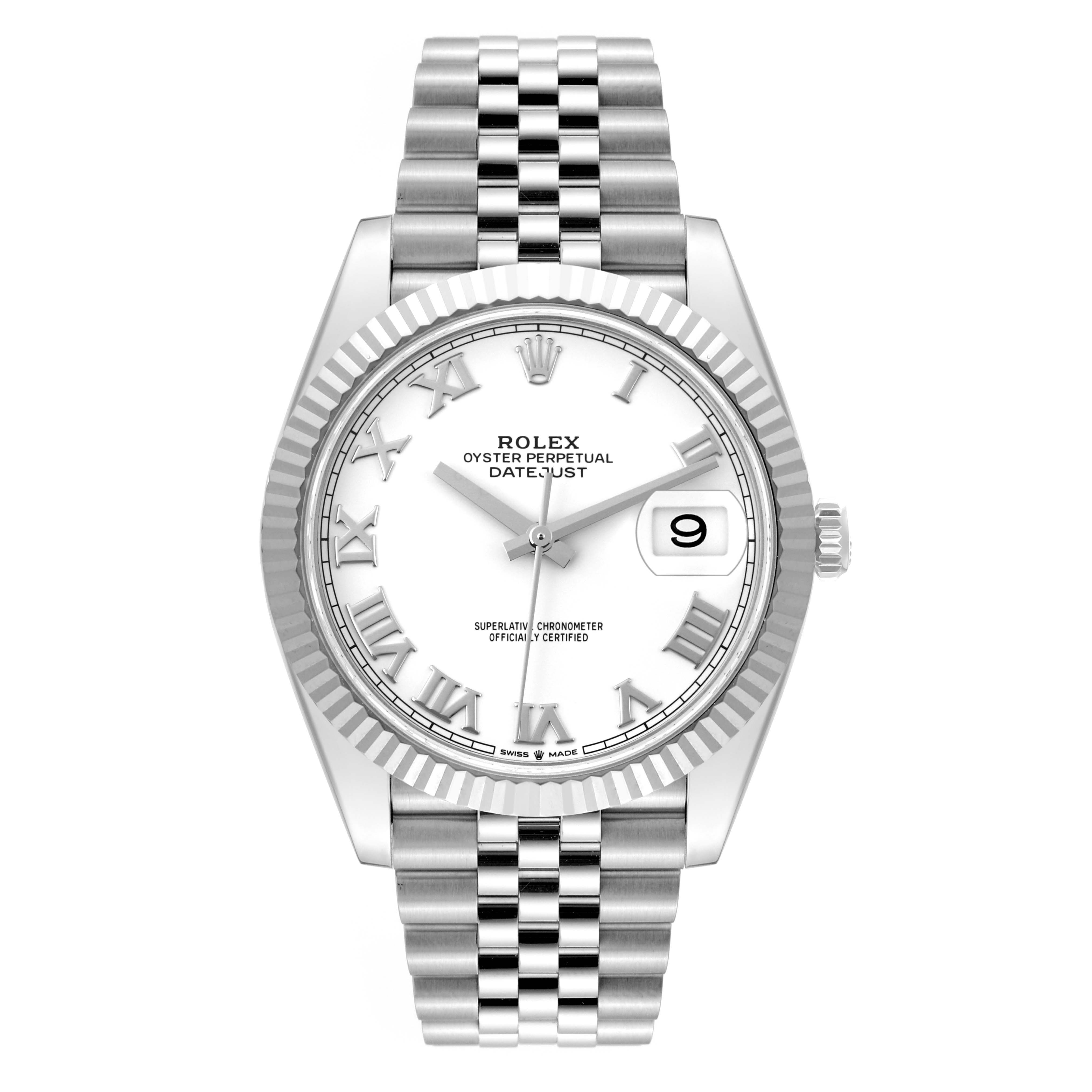 The image shows a front view of the Rolex Datejust 41 126334 Men's Stainless Steel White Dial 126334 Men's Stainless Steel White Dial watch, highlighting its face, bezel, and bracelet.