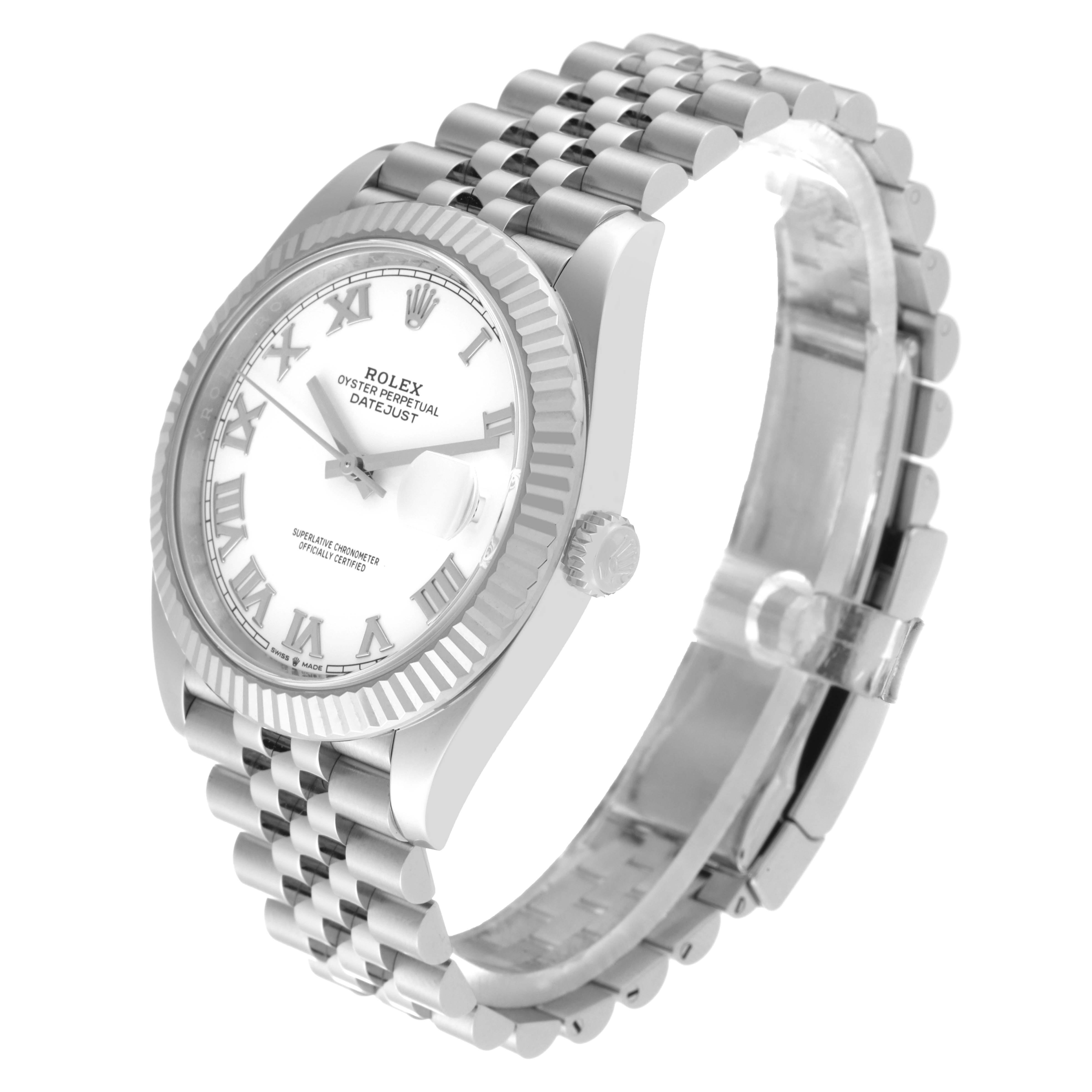 The Rolex Datejust 41 126334 Men's Stainless Steel White Dial 126334 Men's Stainless Steel White Dial watch is shown at a slight angle, highlighting its white dial, fluted bezel, crown, and Jubilee bracelet.