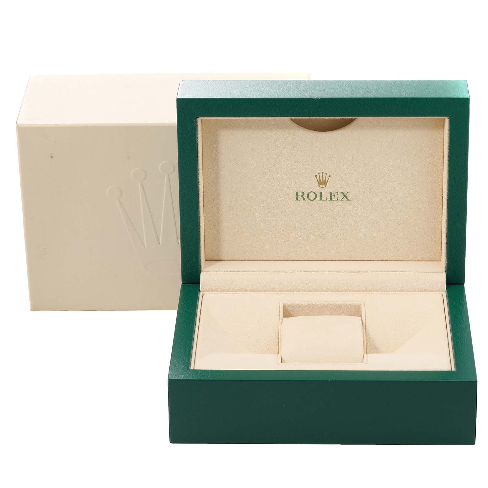 This image shows the open box for a Mid-Size Rolex watch, with an outer box visible behind it.