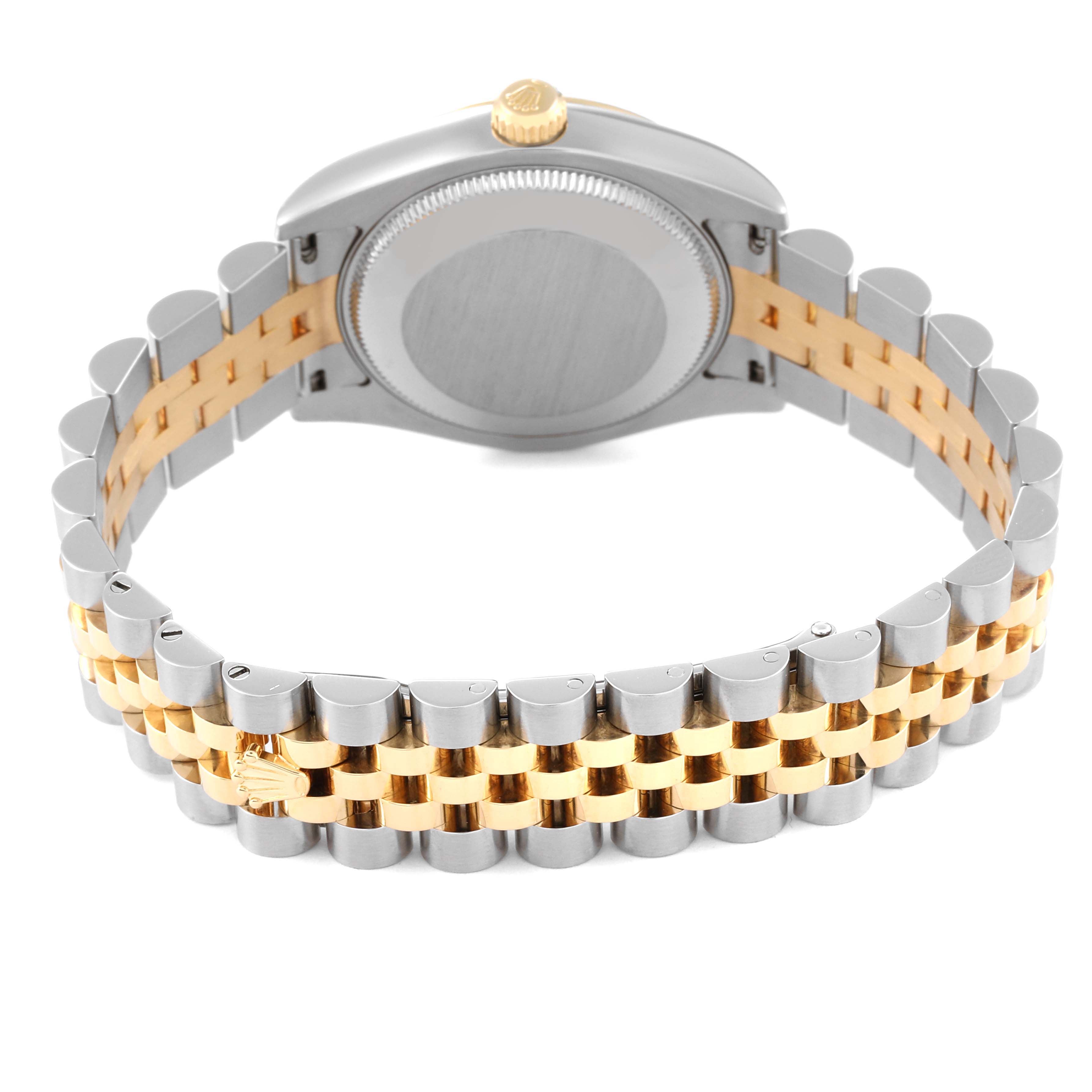 The image shows the back view of a Mid-Size Rolex watch, highlighting the case back, crown, and two-tone bracelet.
