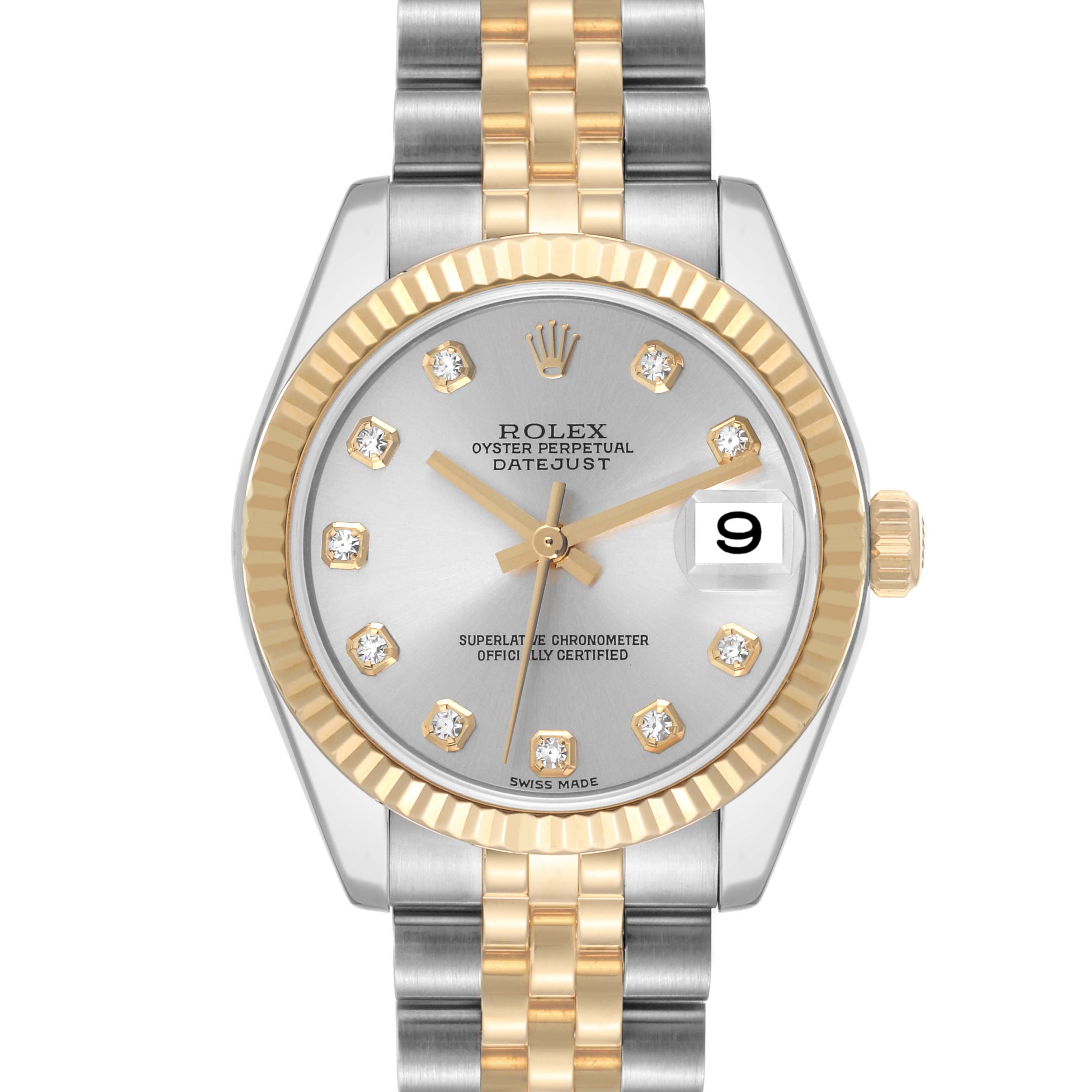 This Rolex Oyster Perpetual Datejust Mid-Size model is shown from a front view, highlighting the dial, bezel, and bracelet.