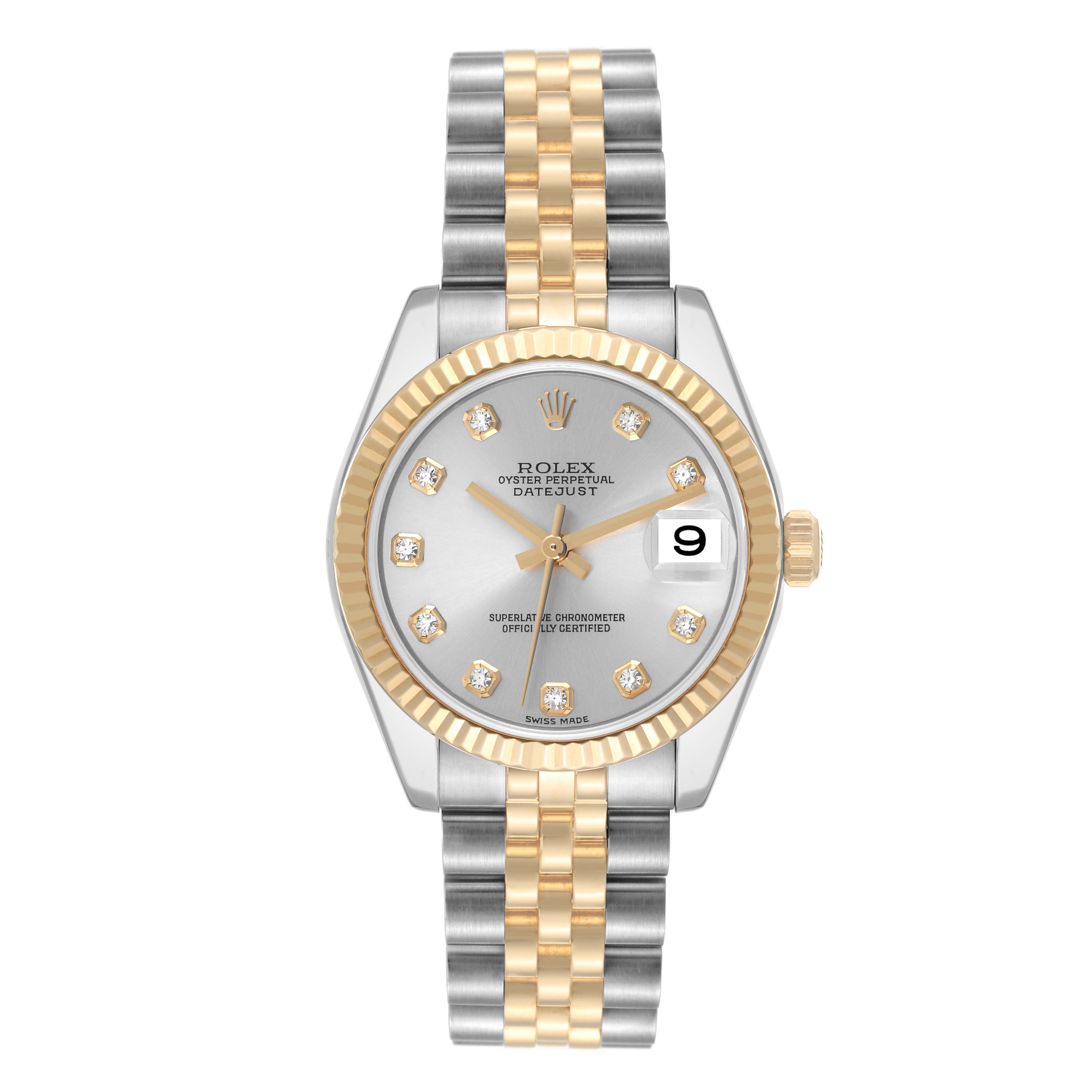 The image shows a front view of a Rolex Oyster Perpetual Datejust Mid-Size watch, highlighting its dial, bezel, and bracelet.