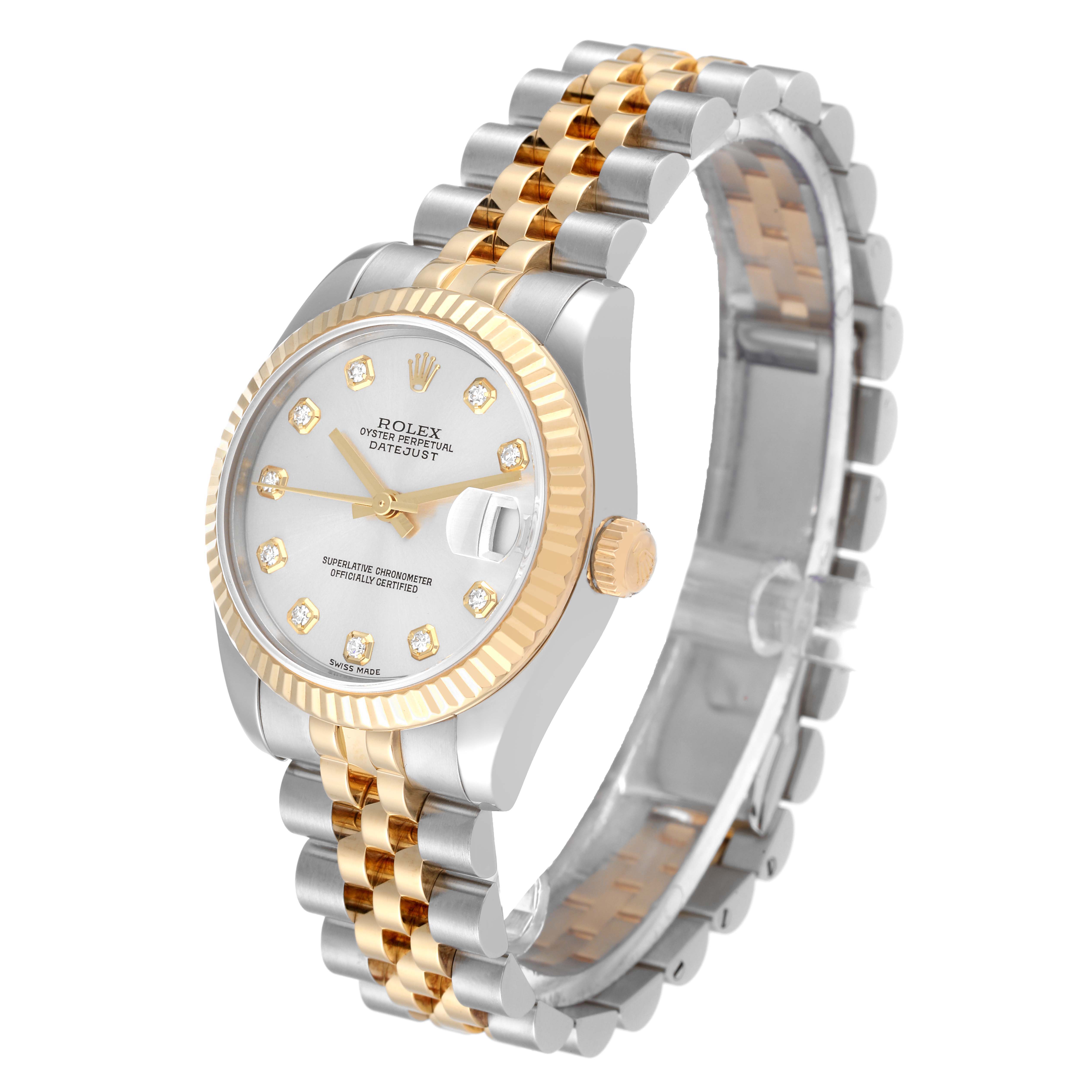 The watch is a Rolex Datejust Mid-Size model, shown at a 3/4 angle highlighting its face, crown, bezel, and two-tone bracelet.