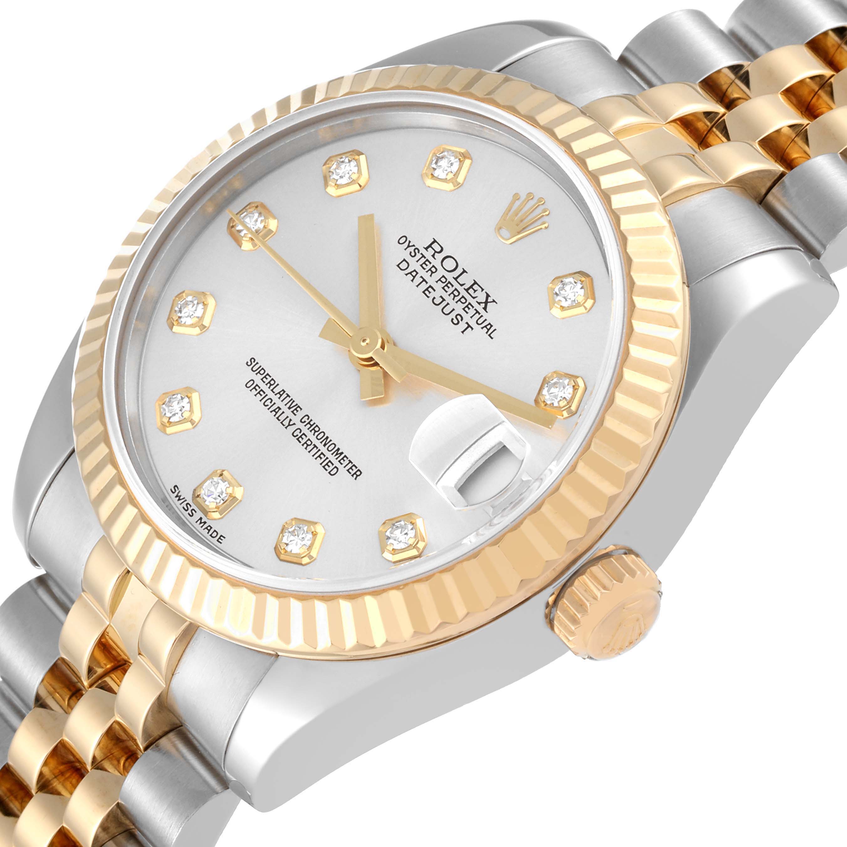 The image shows a close-up angled view of the Rolex Mid-Size 178273 Women's Steel and Gold (two tone) Silver Dial 178273 Women's Steel and Gold (two tone) Silver Dial Datejust watch, highlighting the dial, crown, and bracelet.
