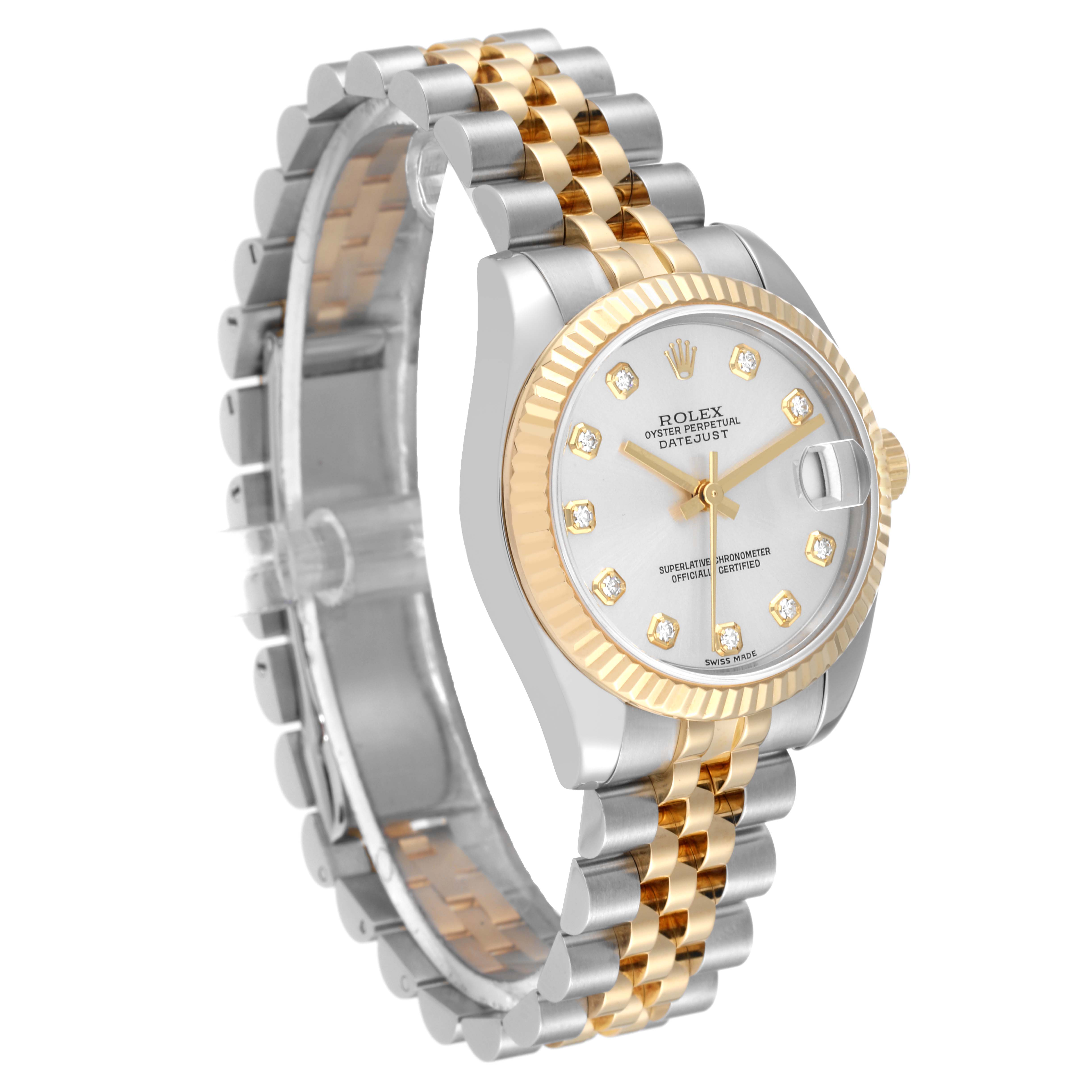 This image shows a front-left angled view of a Mid-Size Rolex Datejust, featuring a two-tone bracelet and a diamond-studded dial.