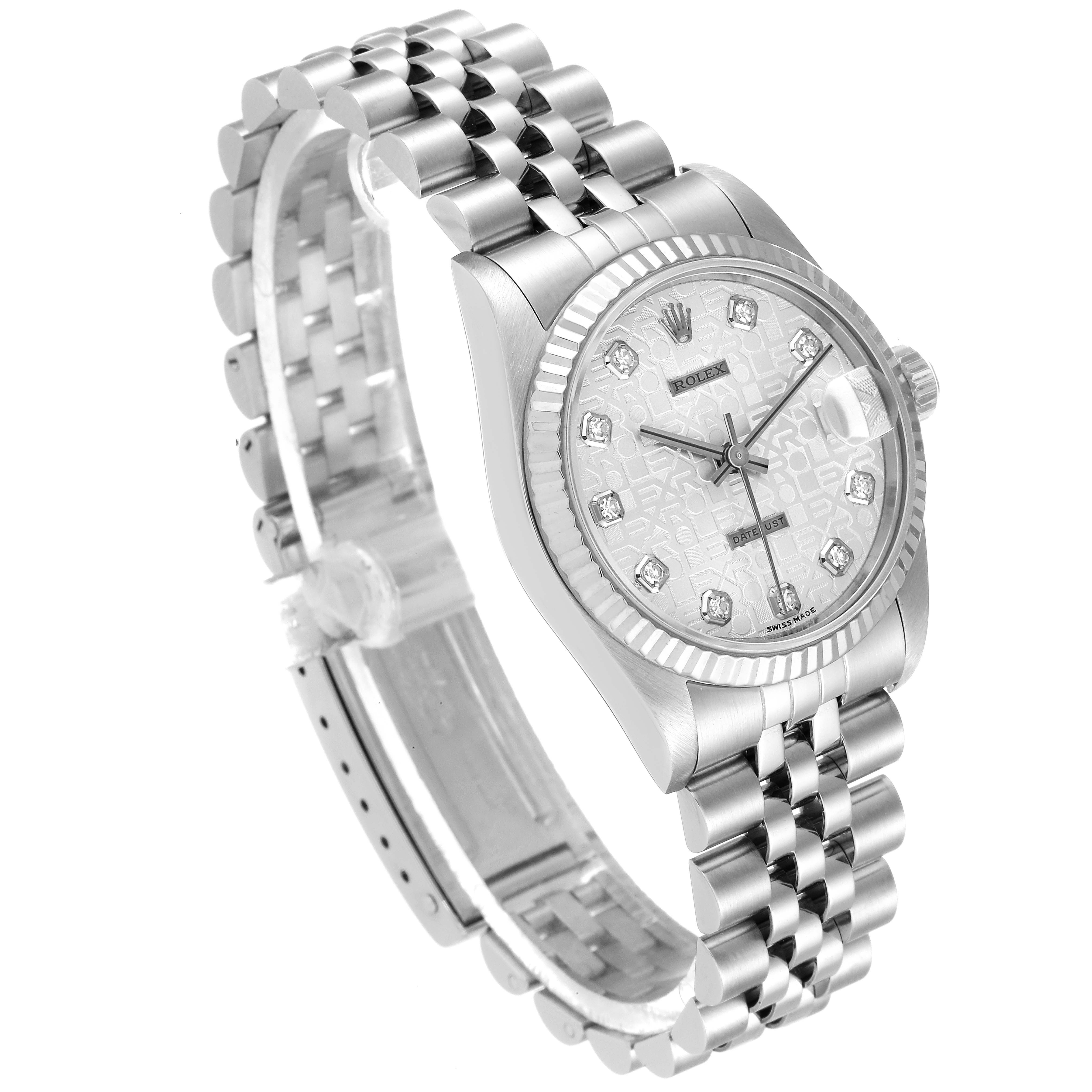 This image shows a Mid-Size Rolex watch at a three-quarter angle, highlighting the face, bezel, and jubilee bracelet.