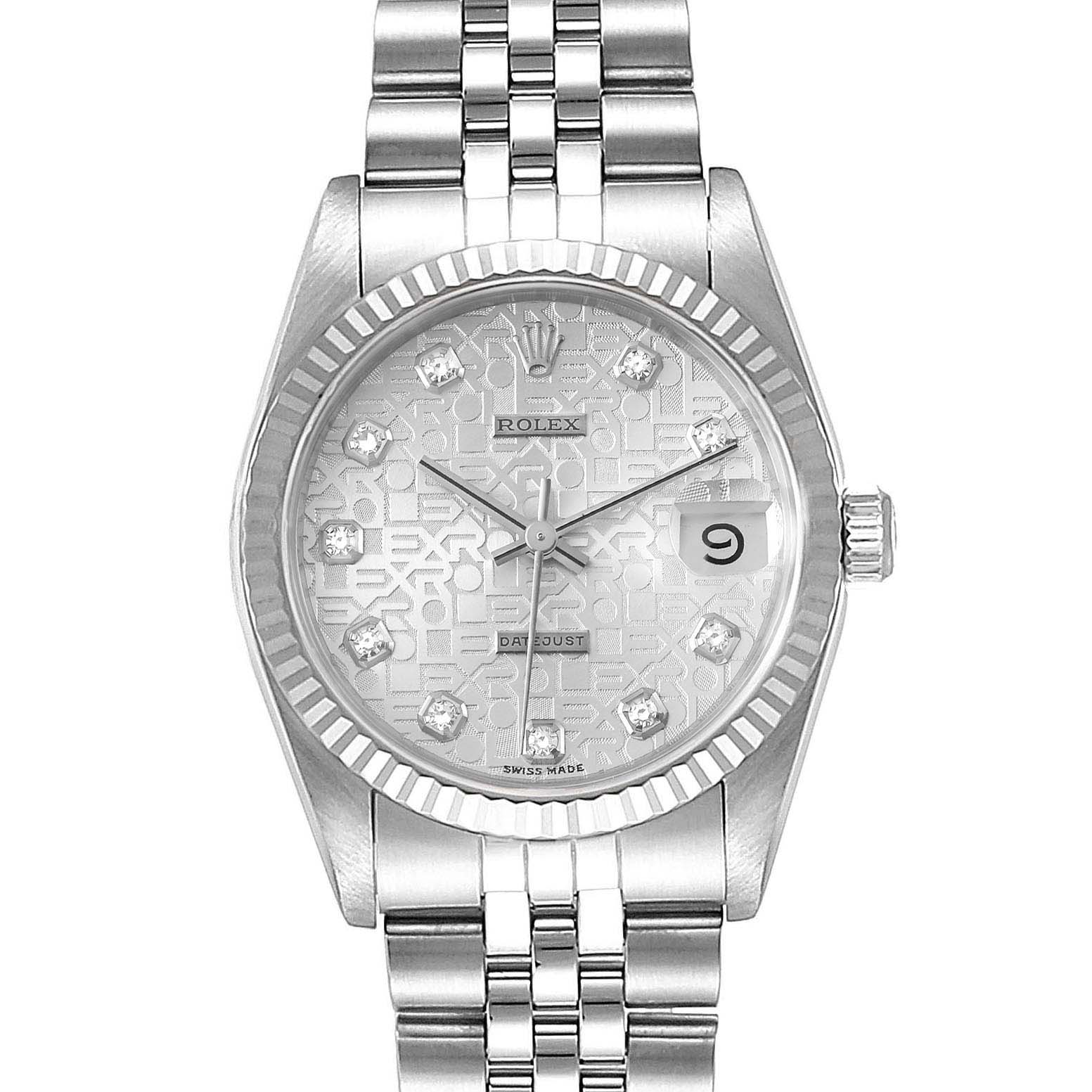 This image shows a front view of a Rolex Mid-Size 68274 Women
s Stainless Steel Silver Dial 68274 Women
s Stainless Steel Silver Dial Datejust watch, displaying its dial, bezel, crown, and bracelet.
