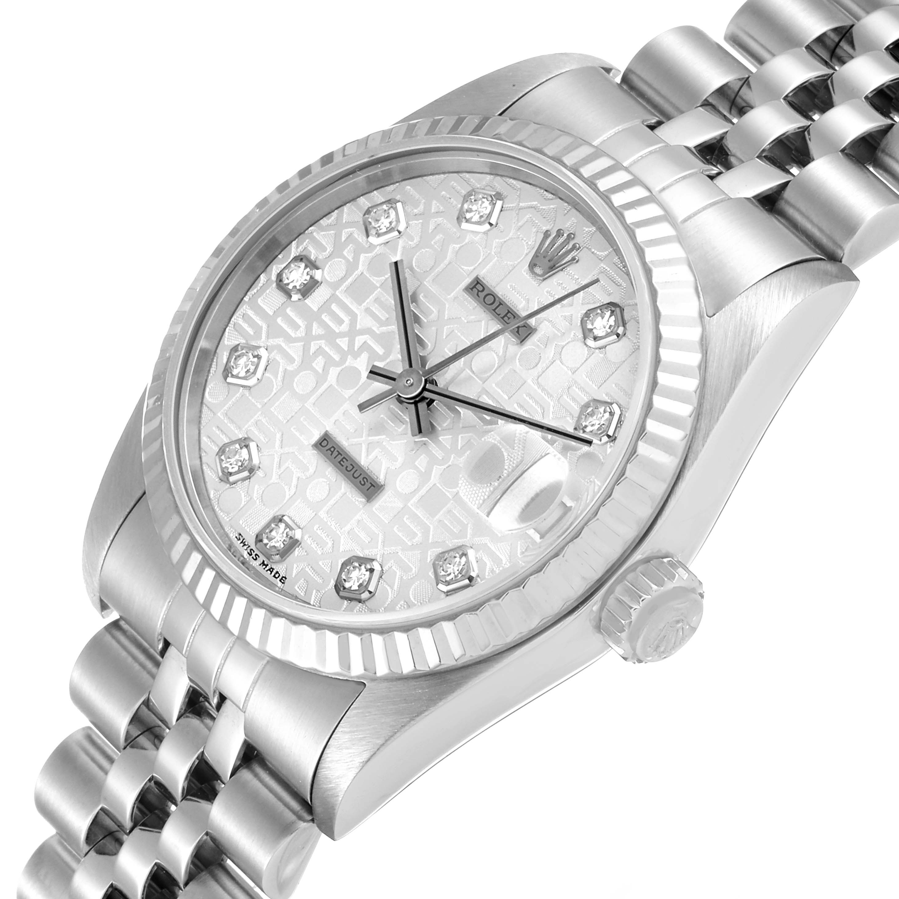 This image shows a close-up of a Mid-Size Rolex Datejust watch displaying the dial, hour markers, bezel, crown, and part of the bracelet.