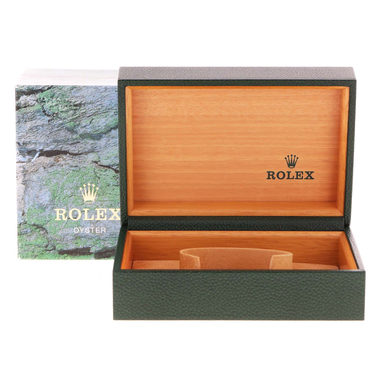 The image shows an open Rolex watch box with its lid emblazoned with the Rolex logo, placed inside an outer box.