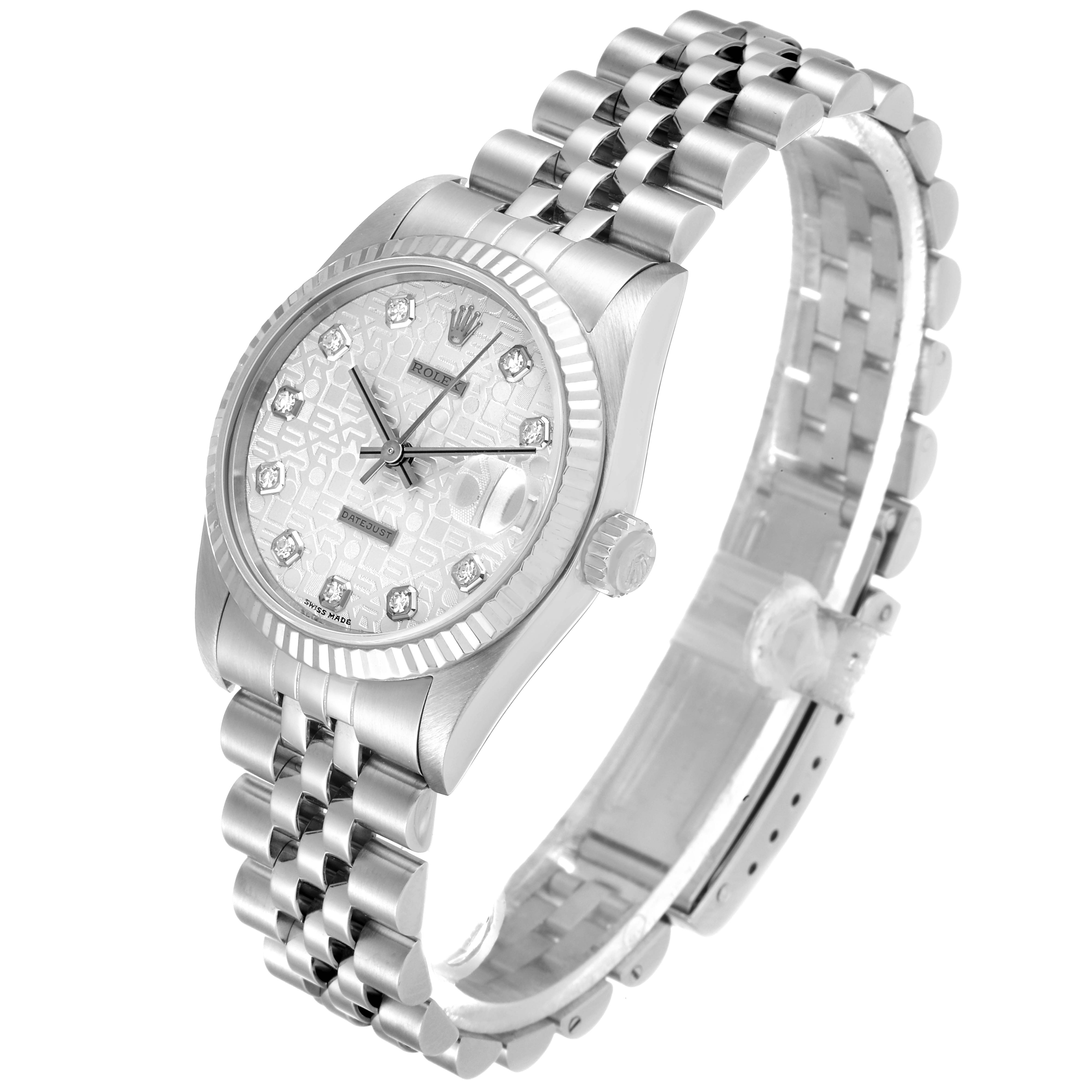 The image shows a Mid-Size Rolex watch in a three-quarter angle, highlighting the face, bezel, crown, and bracelet.