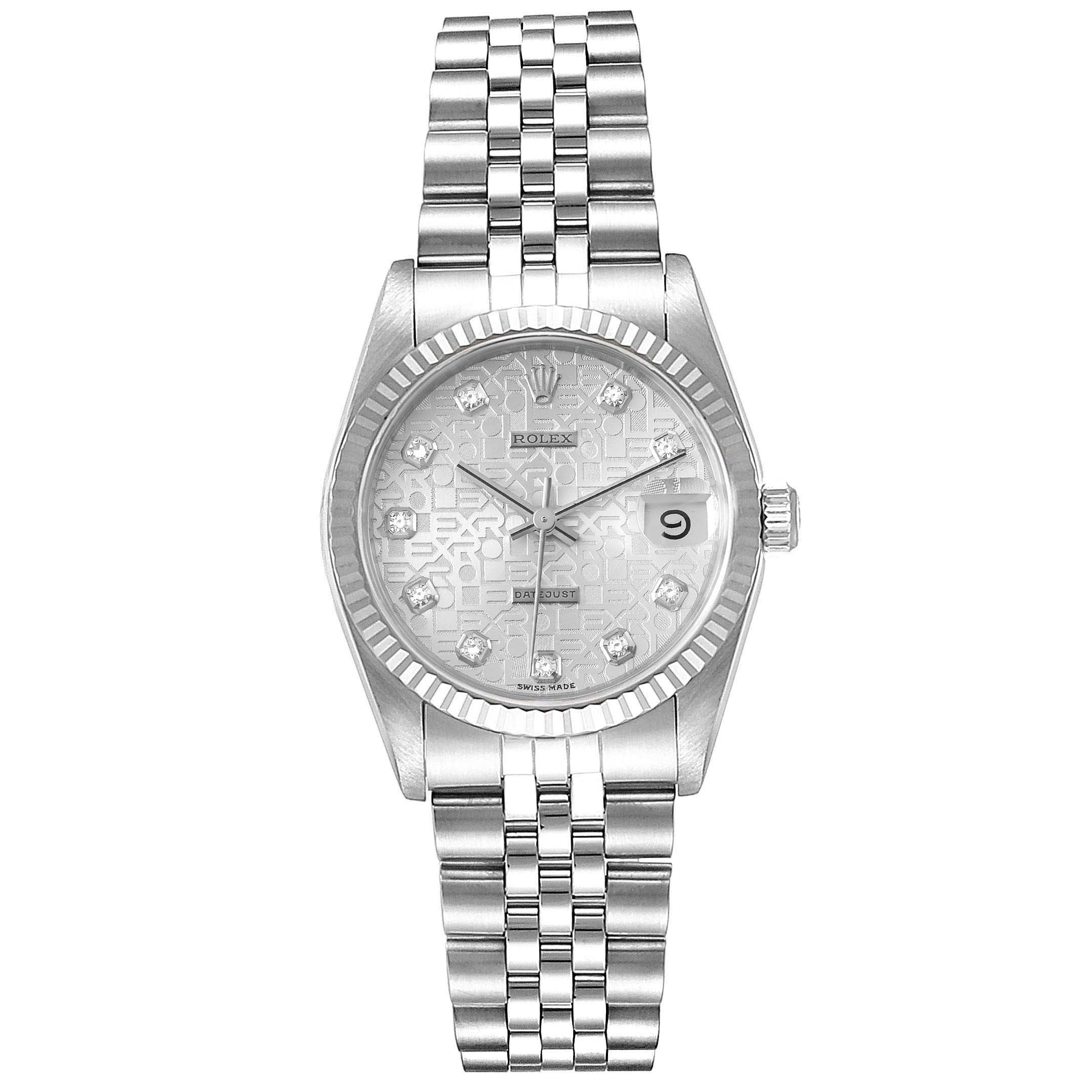 This image shows a front view of the Rolex Mid-Size 68274 Women
s Stainless Steel Silver Dial 68274 Women
s Stainless Steel Silver Dial watch, highlighting its dial, bezel, bracelet, and date display.