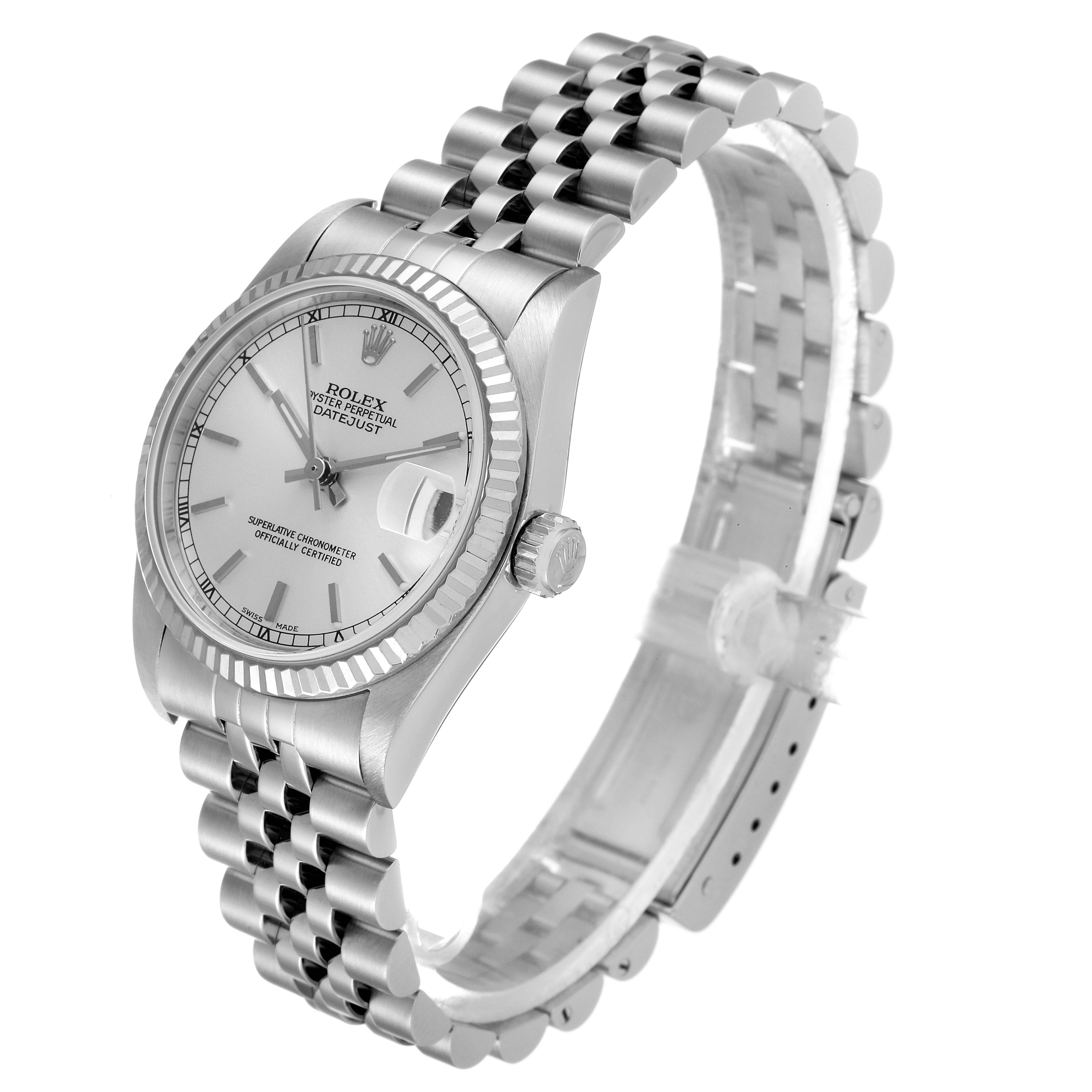 The image shows a side angle of the Rolex Mid-Size 78274 Women's Stainless Steel Silver Dial 78274 Women's Stainless Steel Silver Dial Datejust watch, featuring its dial, bezel, crown, and bracelet.