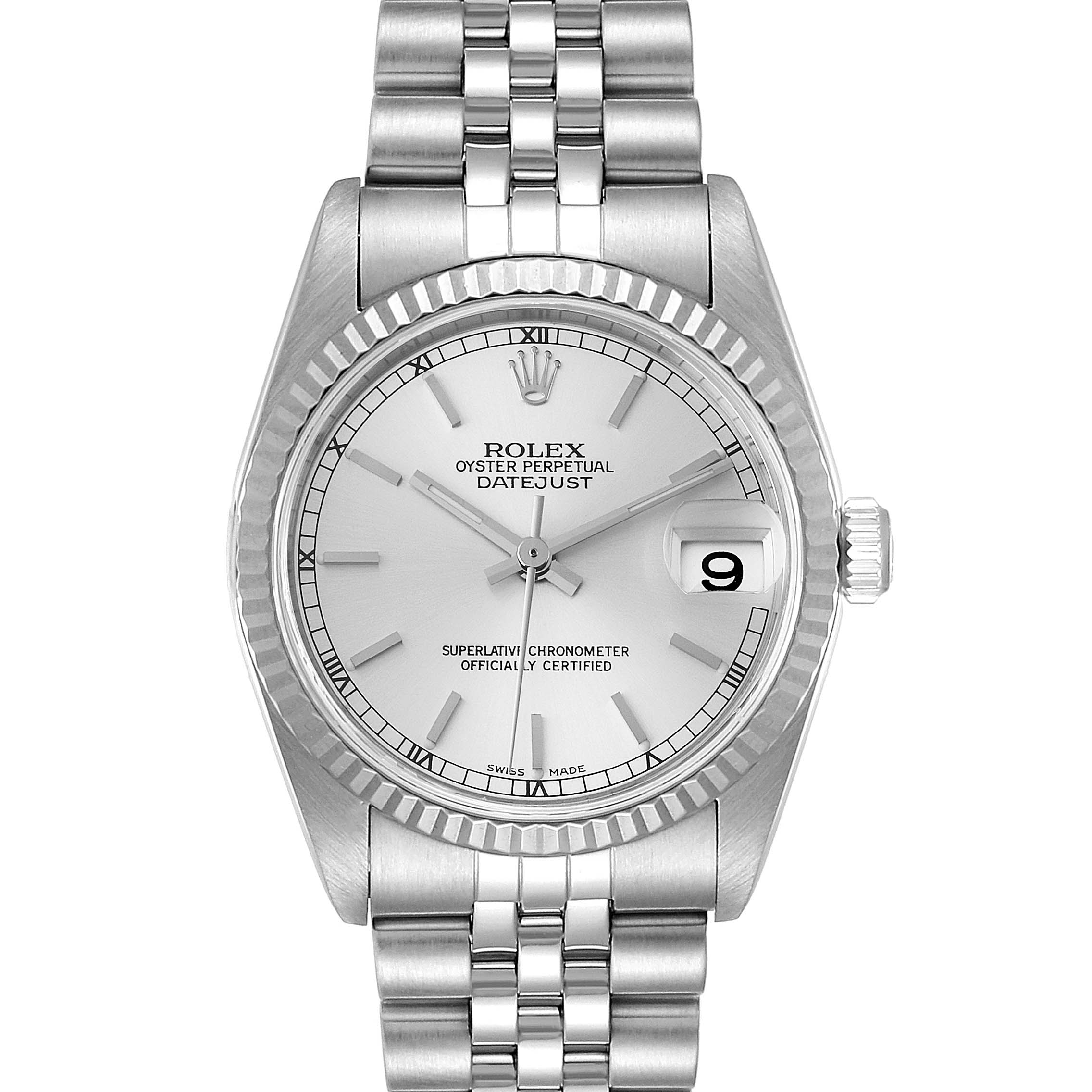 The image shows a frontal view of the Rolex Mid-Size 78274 Women's Stainless Steel Silver Dial 78274 Women's Stainless Steel Silver Dial Datejust watch displaying the bracelet, dial, and bezel.
