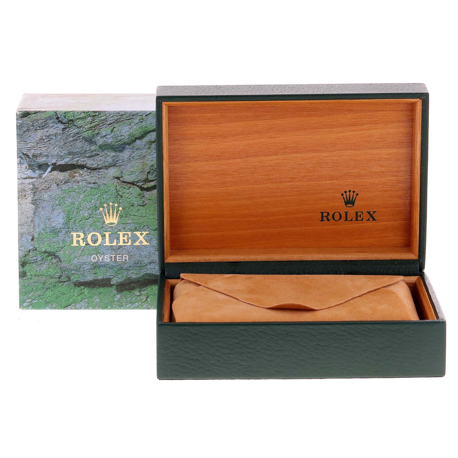 The image shows a Rolex Oyster Mid-Size model's green box and an open wooden watch case containing a leather pouch.